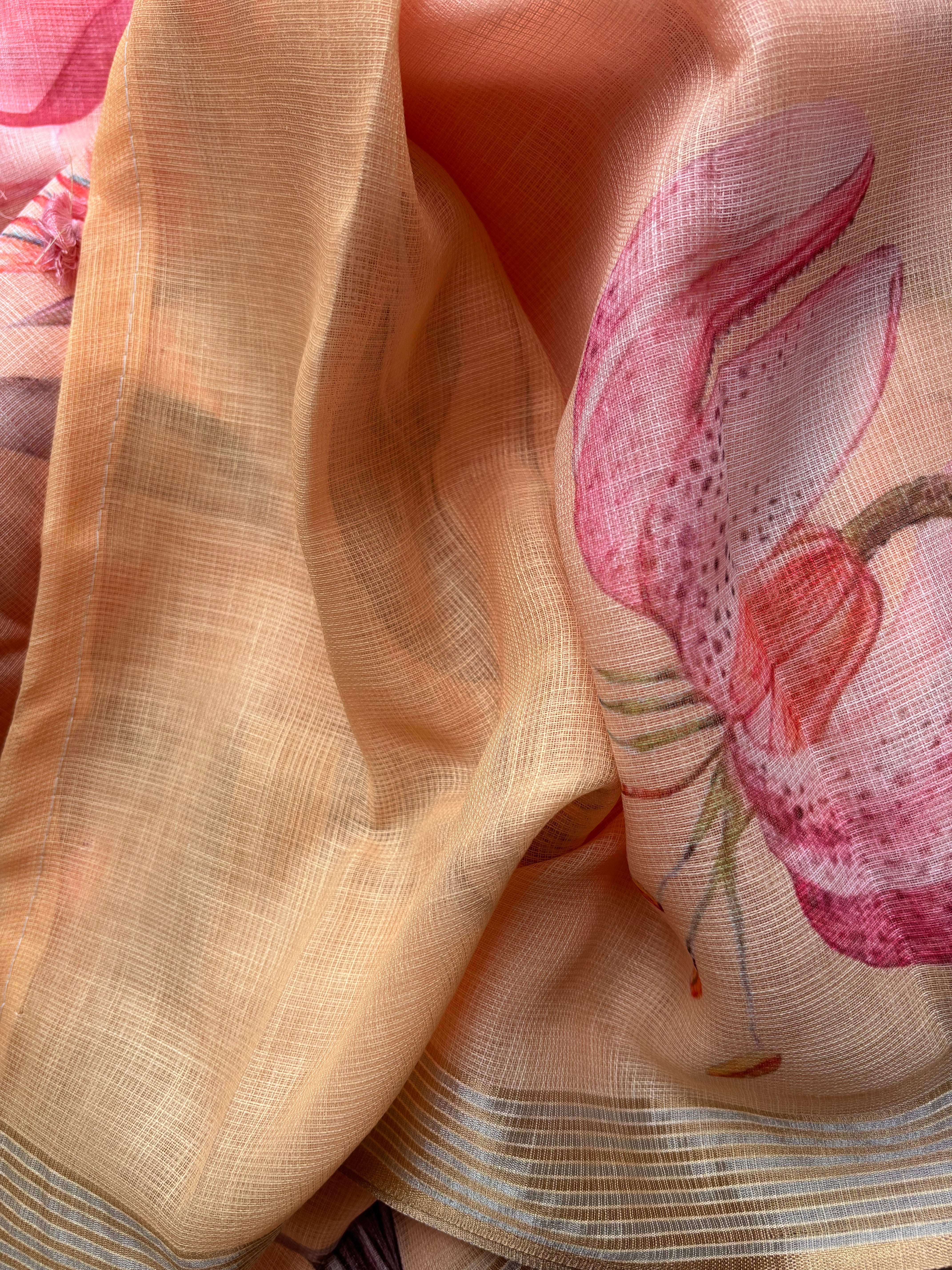 Yellow, Peach & Green Linen Cotton Sarees