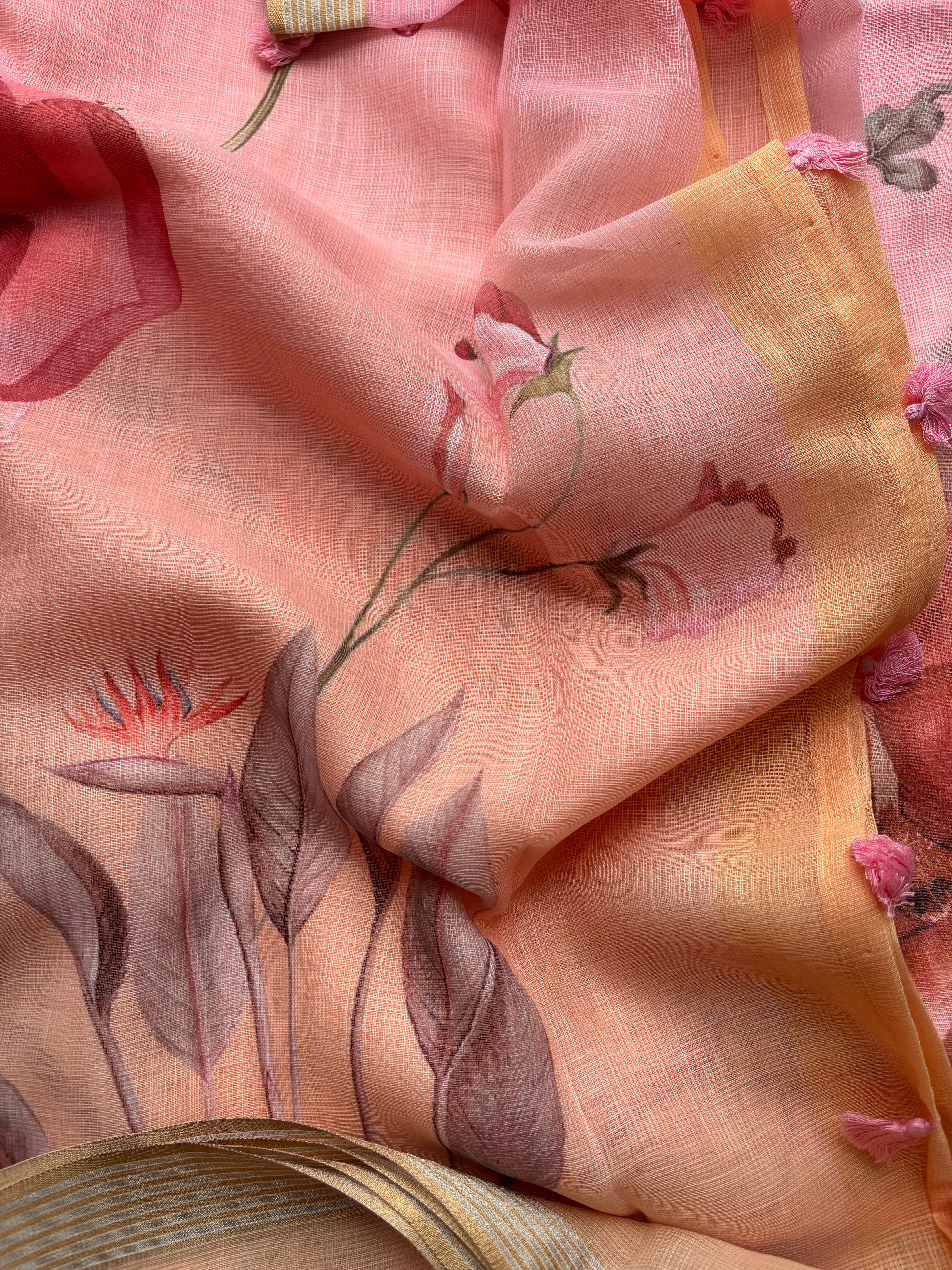 Yellow, Peach & Green Linen Cotton Sarees