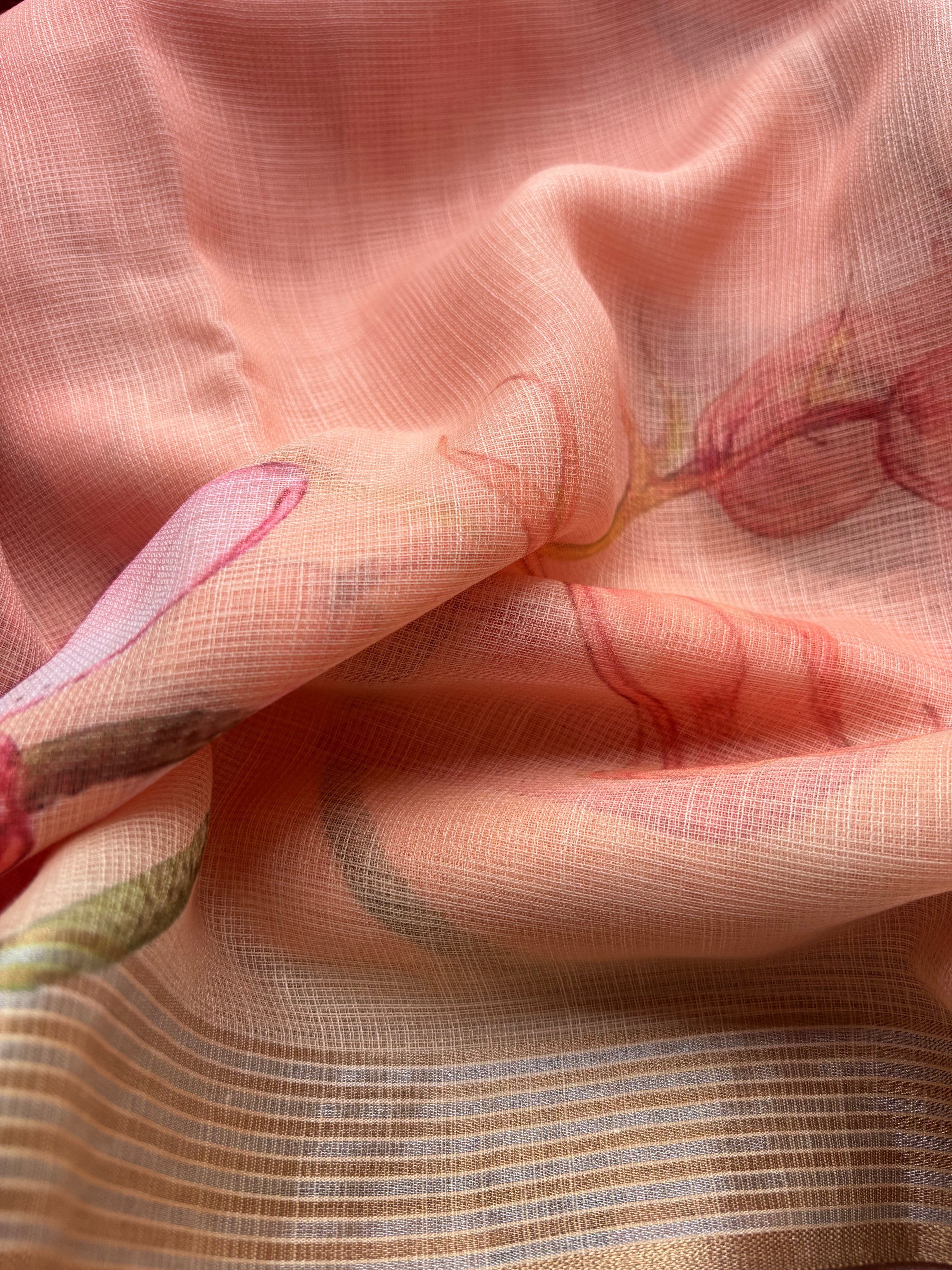 Yellow, Peach & Green Linen Cotton Sarees