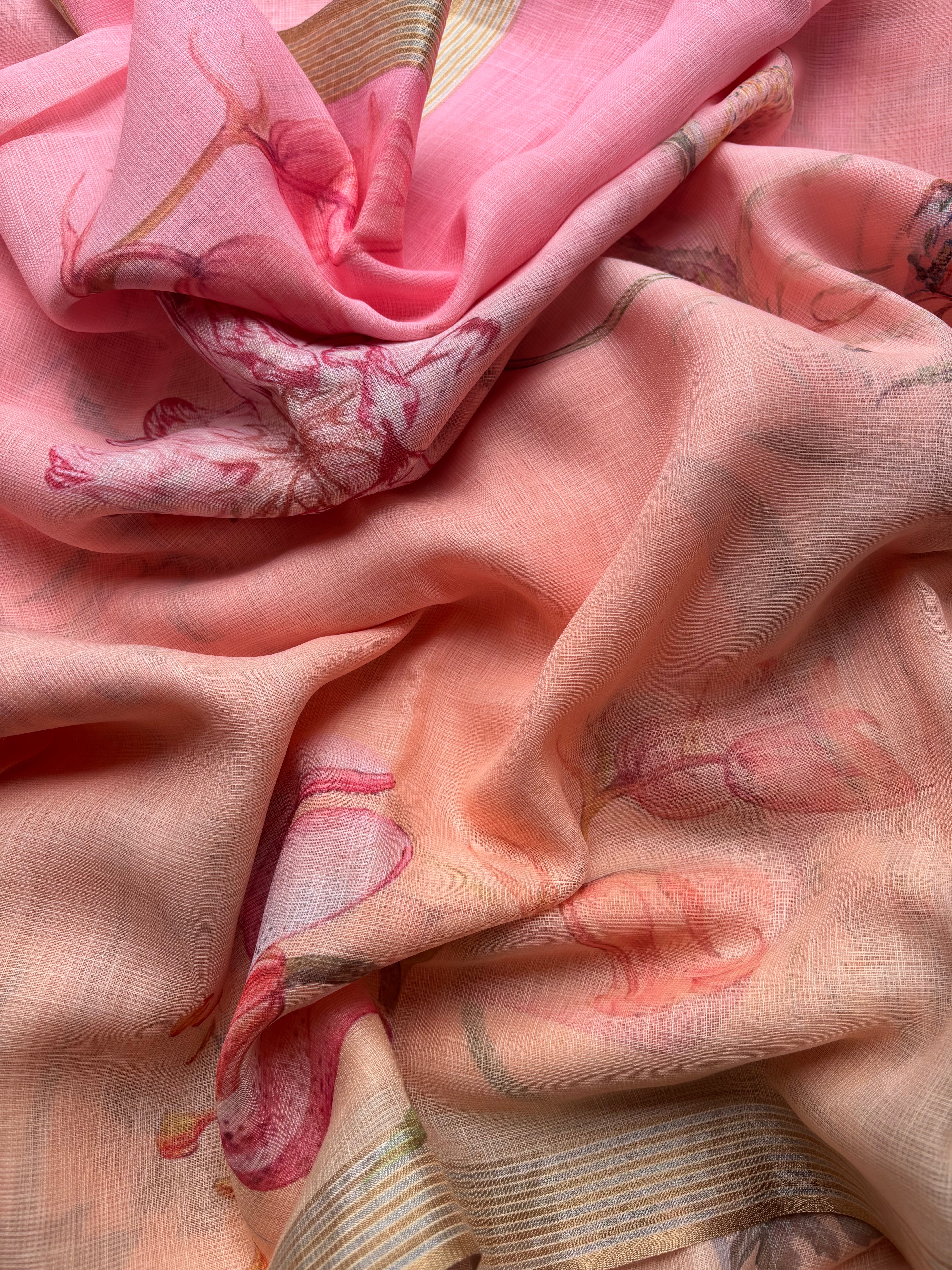 Yellow, Peach & Green Linen Cotton Sarees