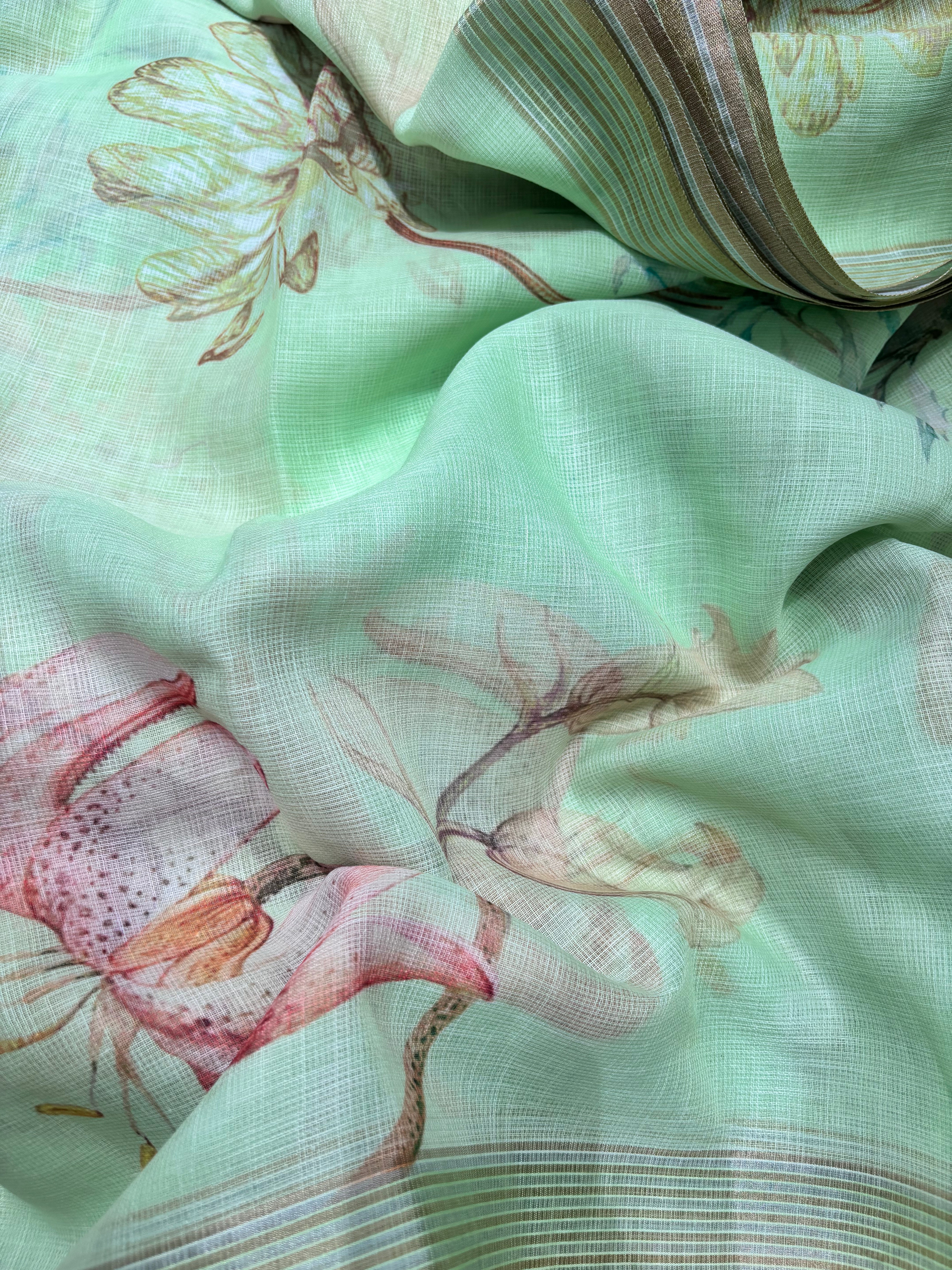 Yellow, Peach & Green Linen Cotton Sarees