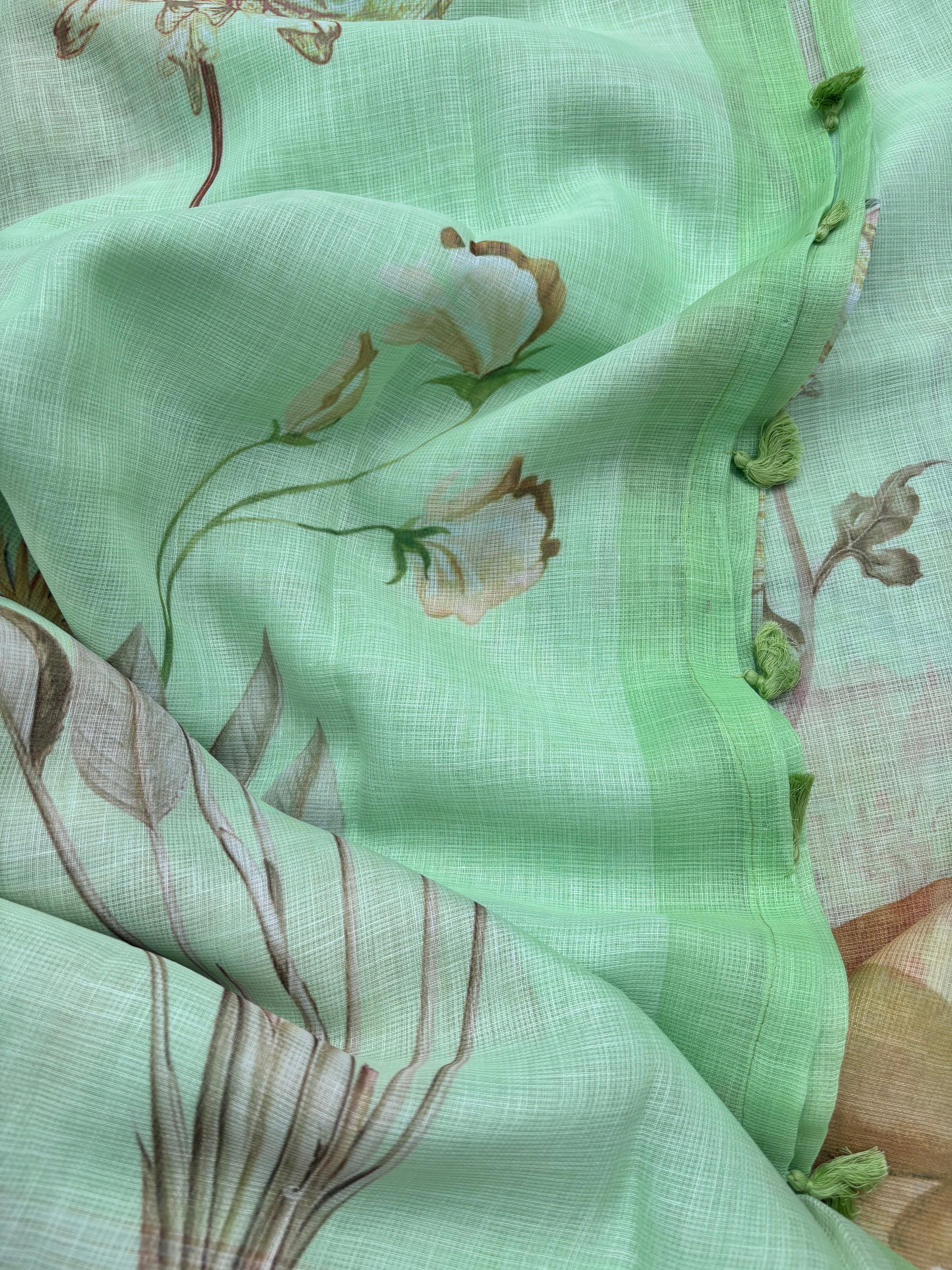 Yellow, Peach & Green Linen Cotton Sarees