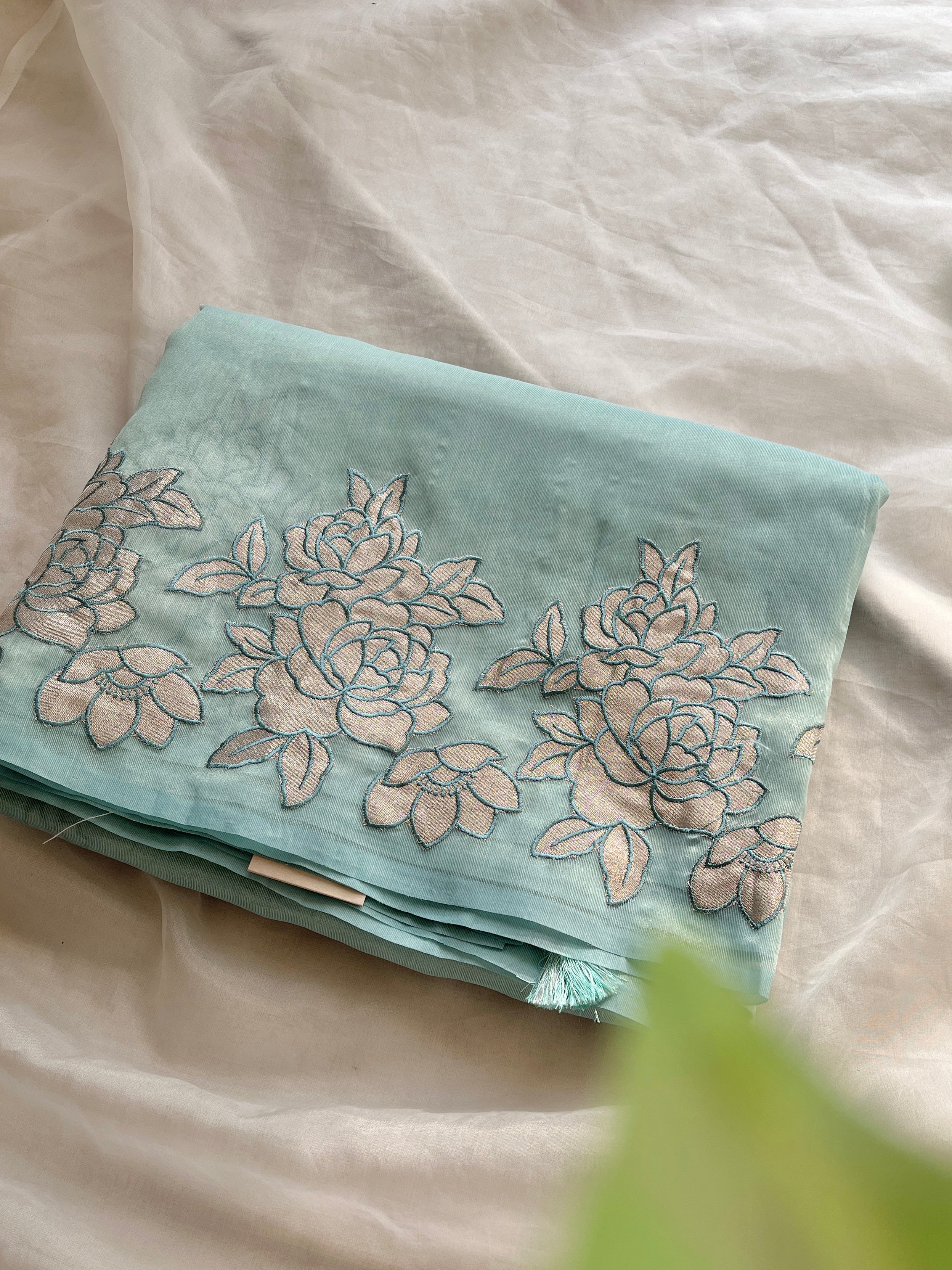 Blue Organza floral appliqué saree