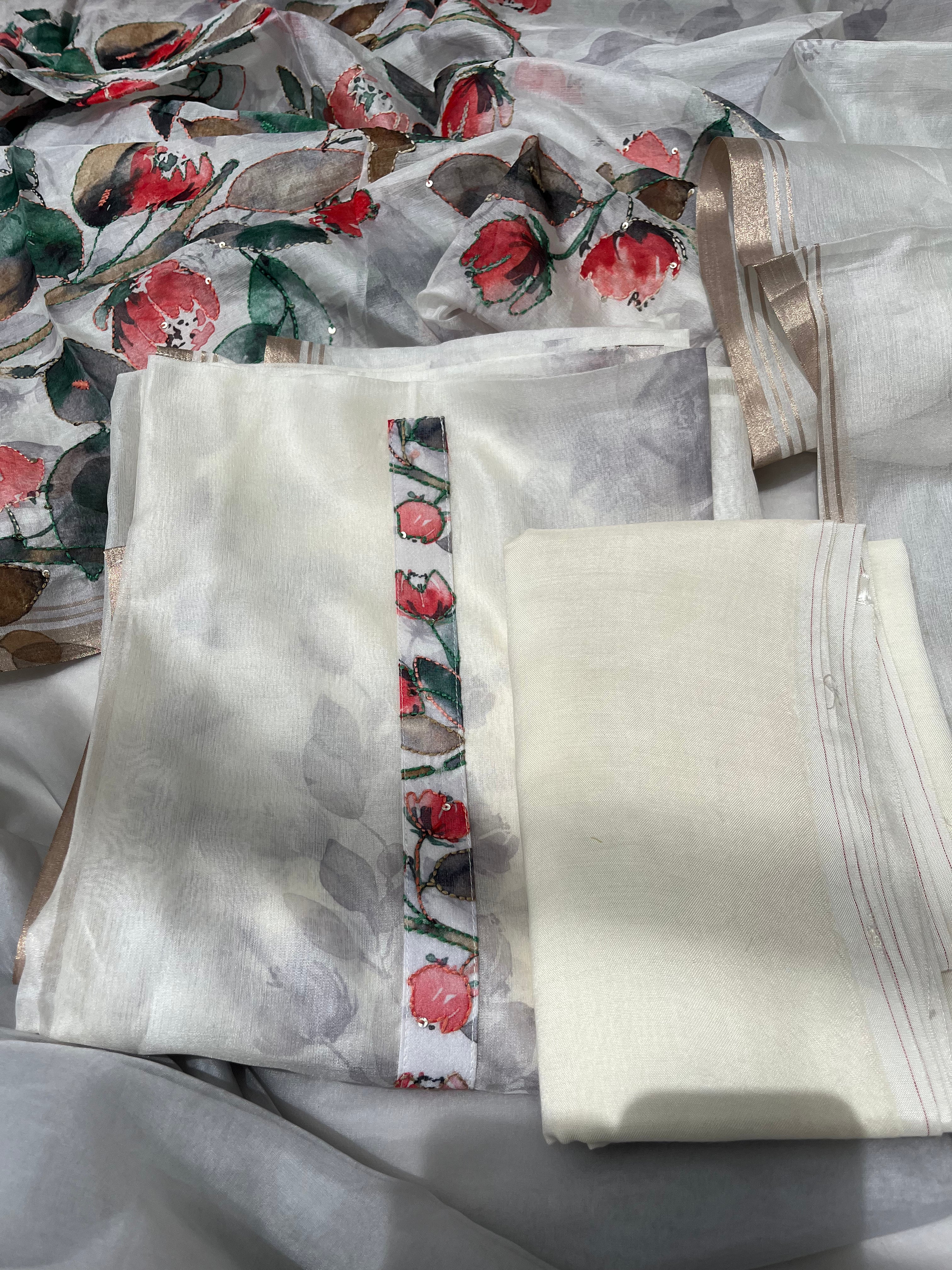 White floral Organza Unstitched salwar set