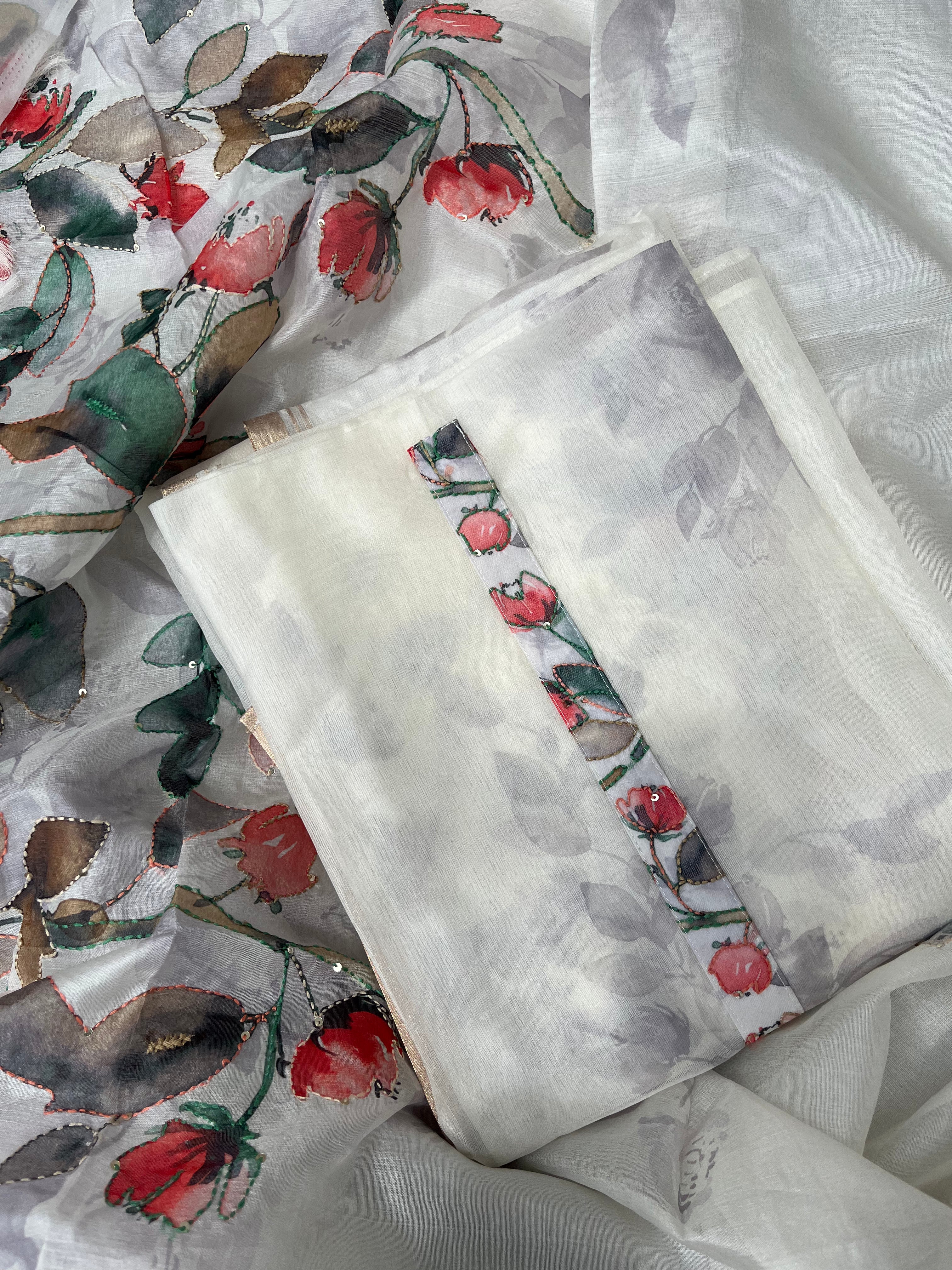 White floral Organza Unstitched salwar set
