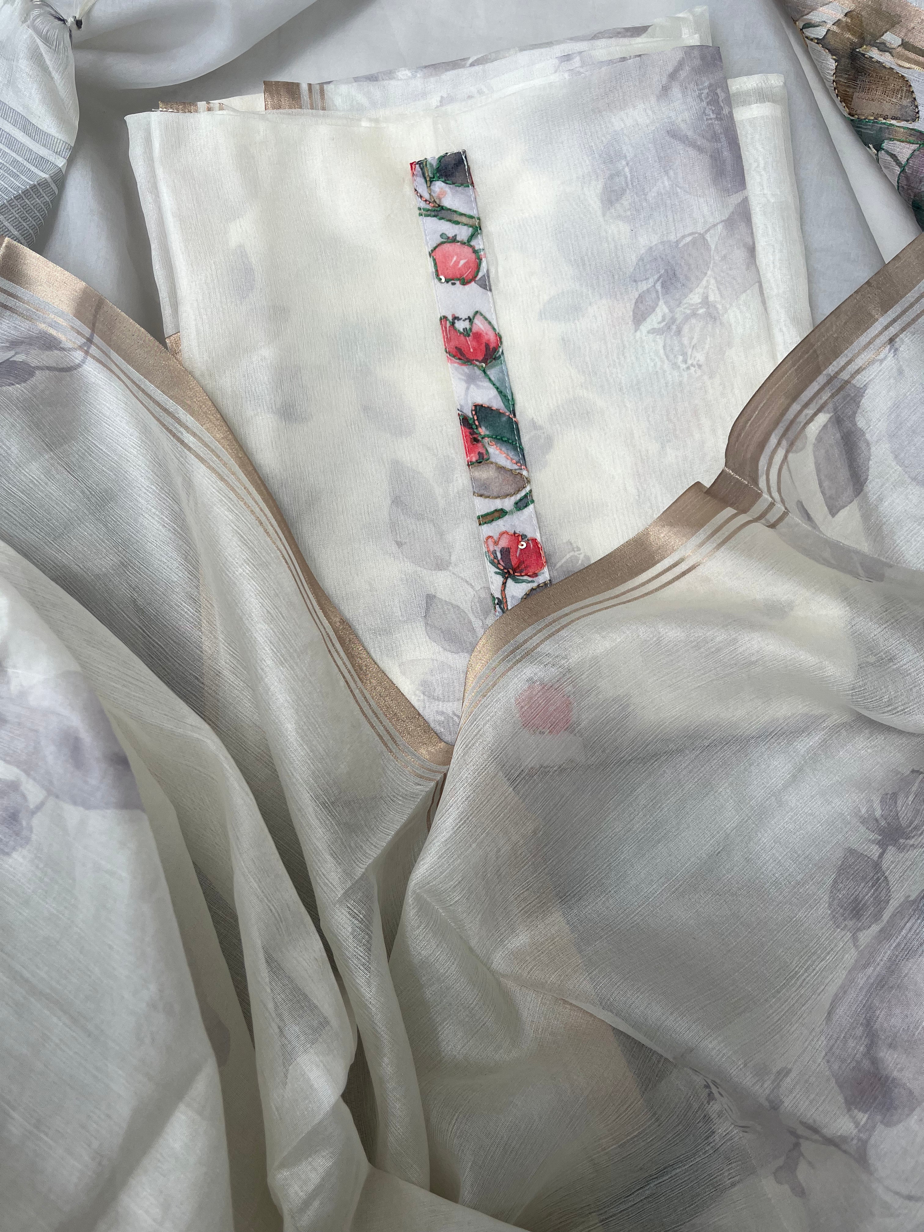 White floral Organza Unstitched salwar set