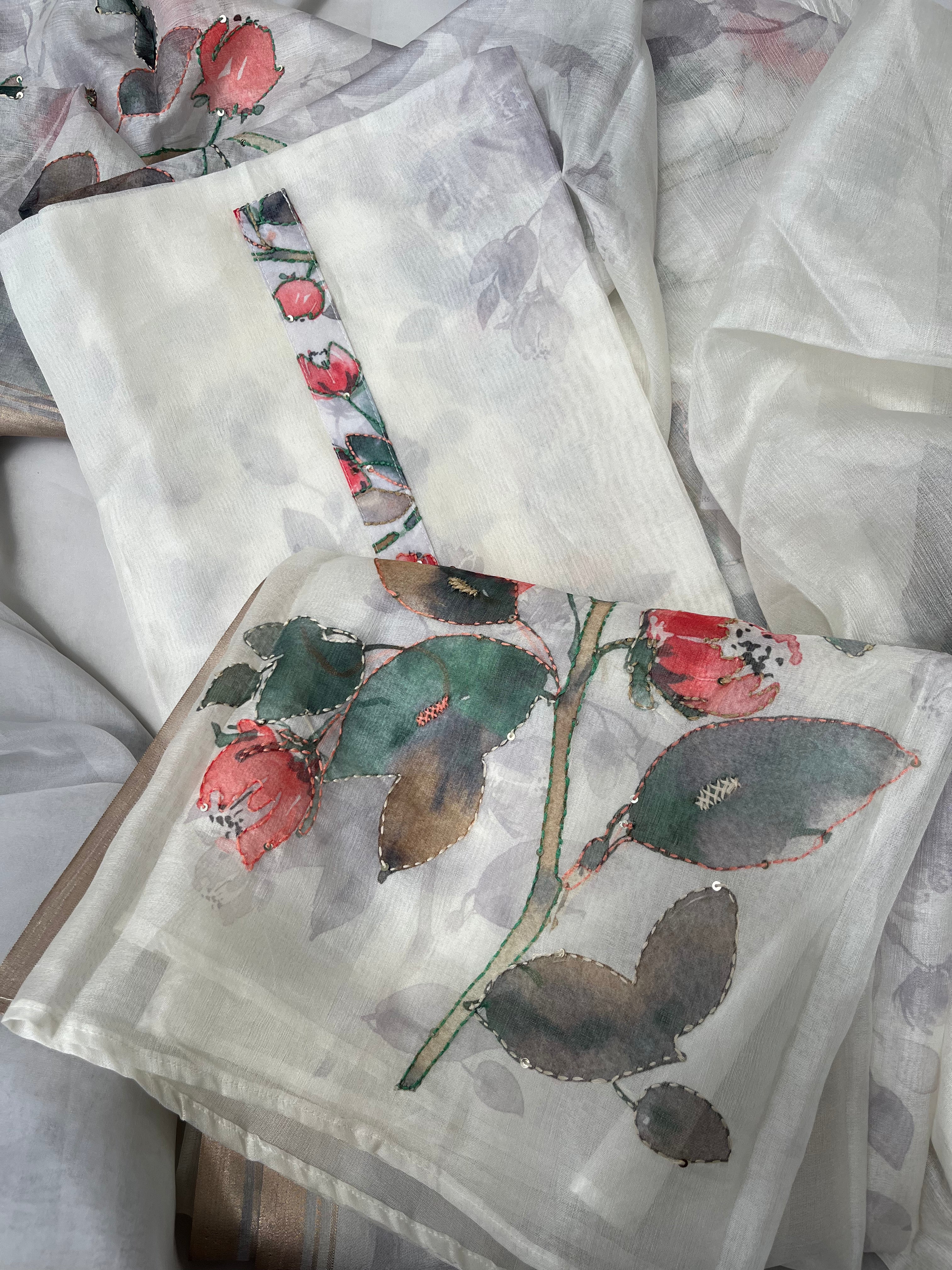 White floral Organza Unstitched salwar set