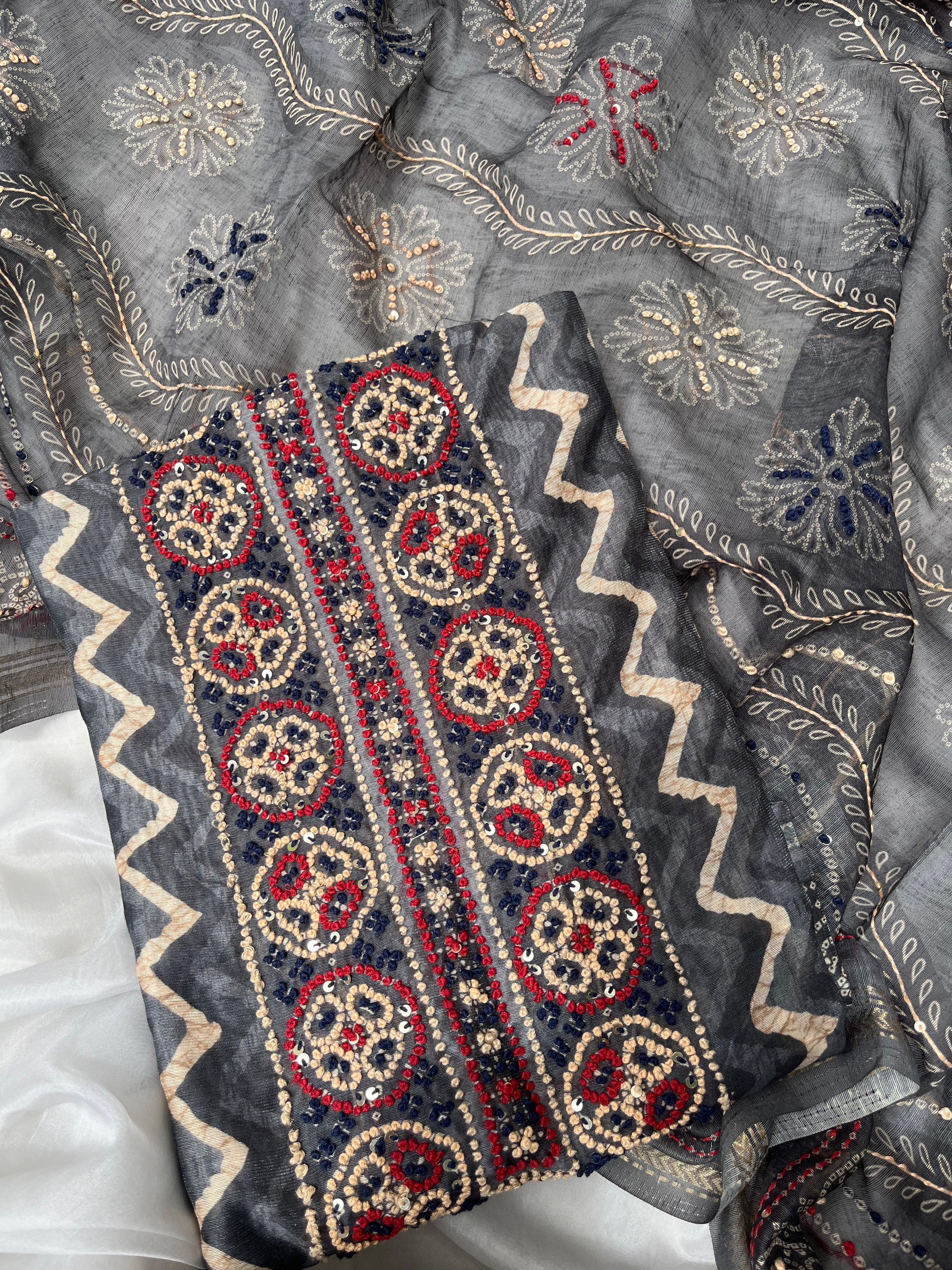 Dark Grey & Wine color Chanderi Unstitched salwar set