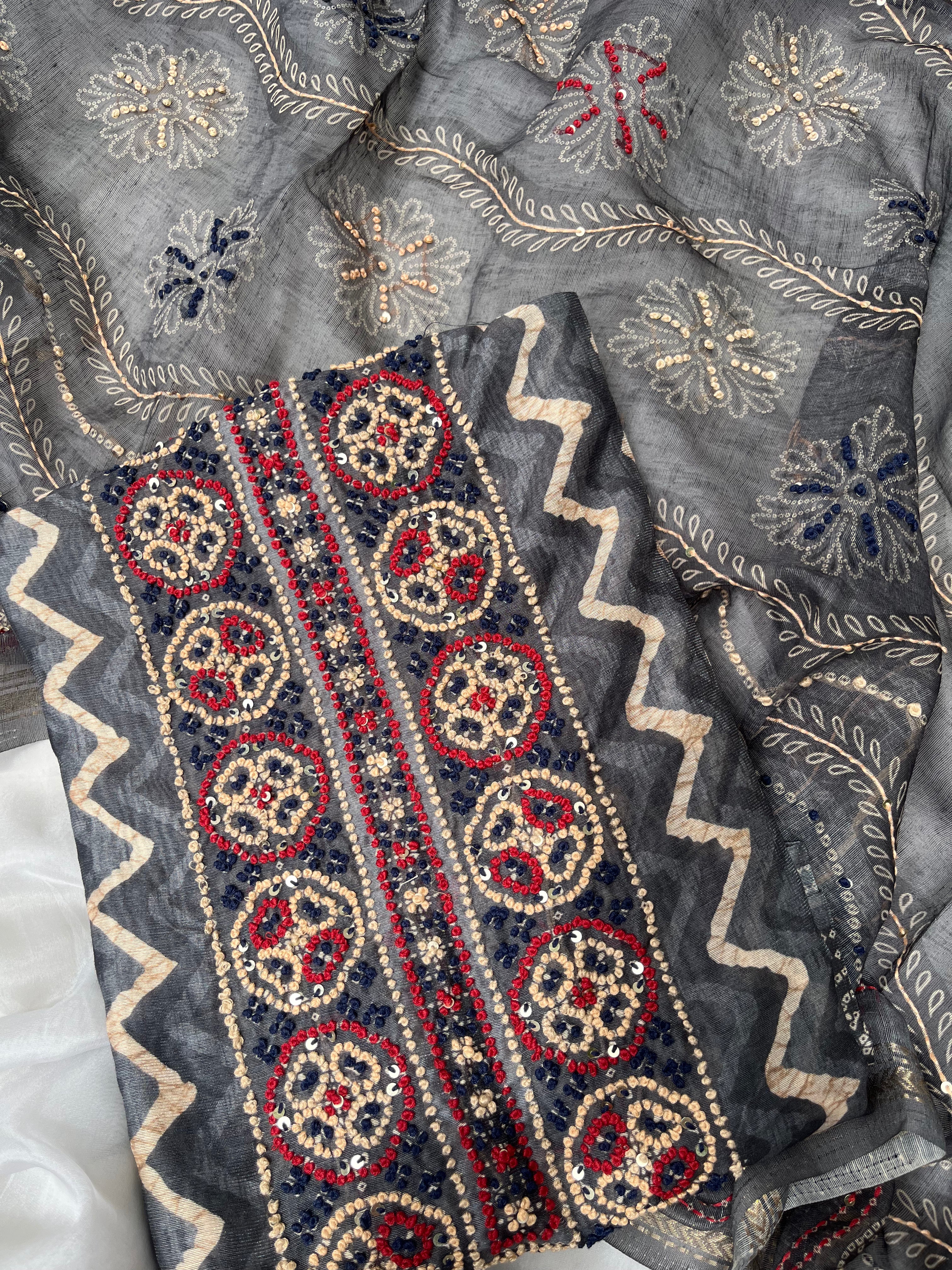 Dark Grey & Wine color Chanderi Unstitched salwar set