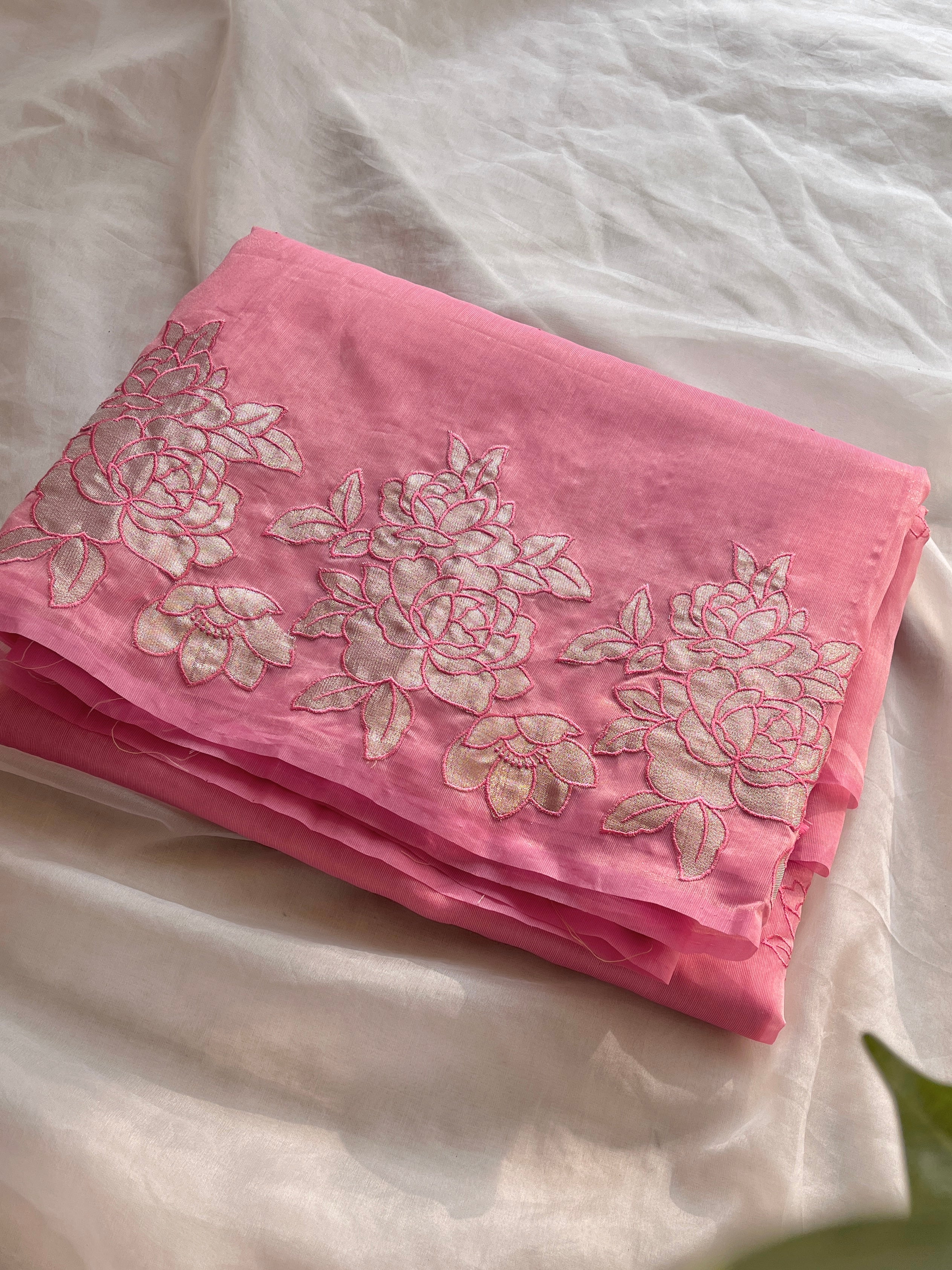 Pink Organza floral appliqué saree