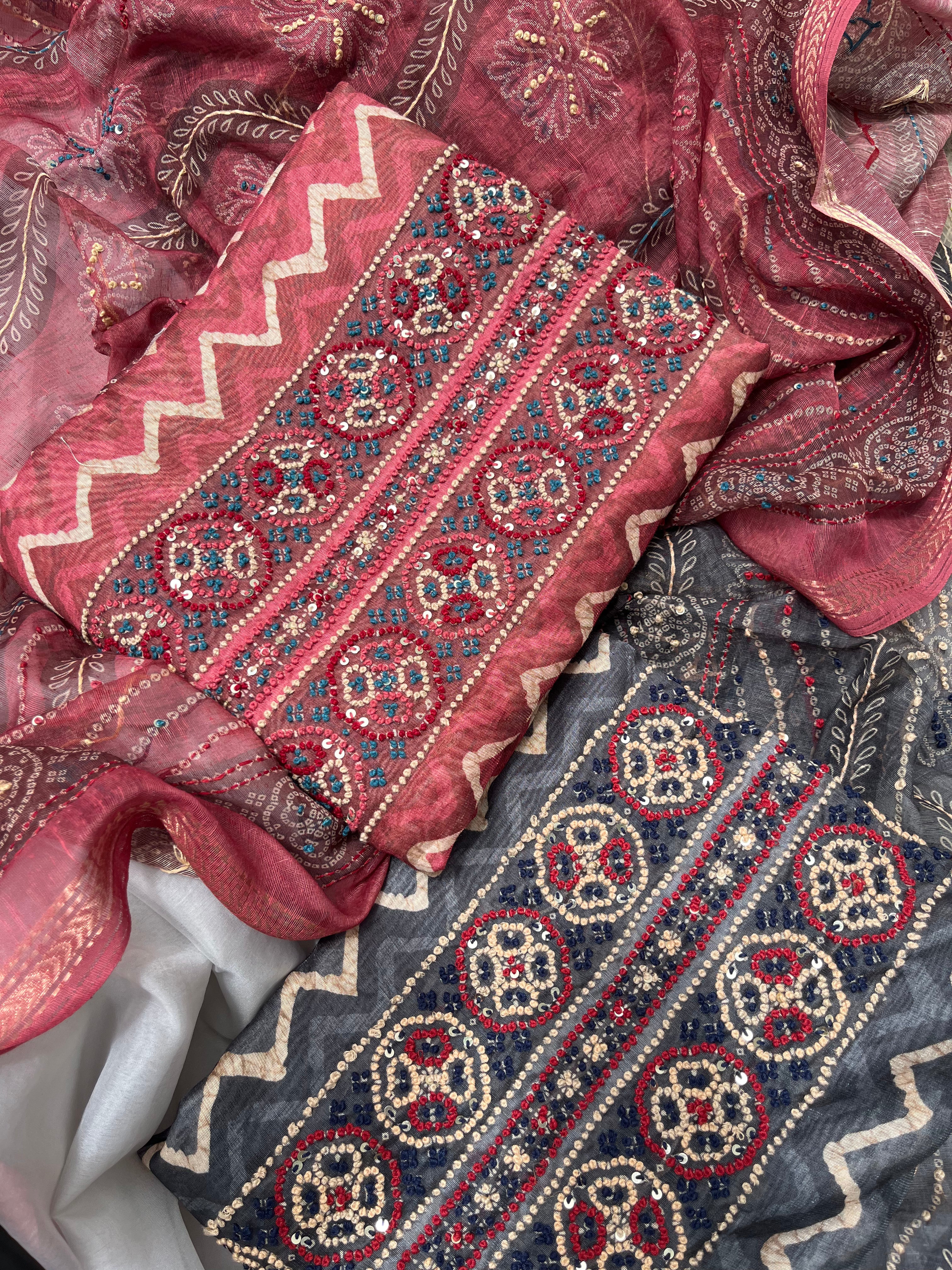 Dark Grey & Wine color Chanderi Unstitched salwar set