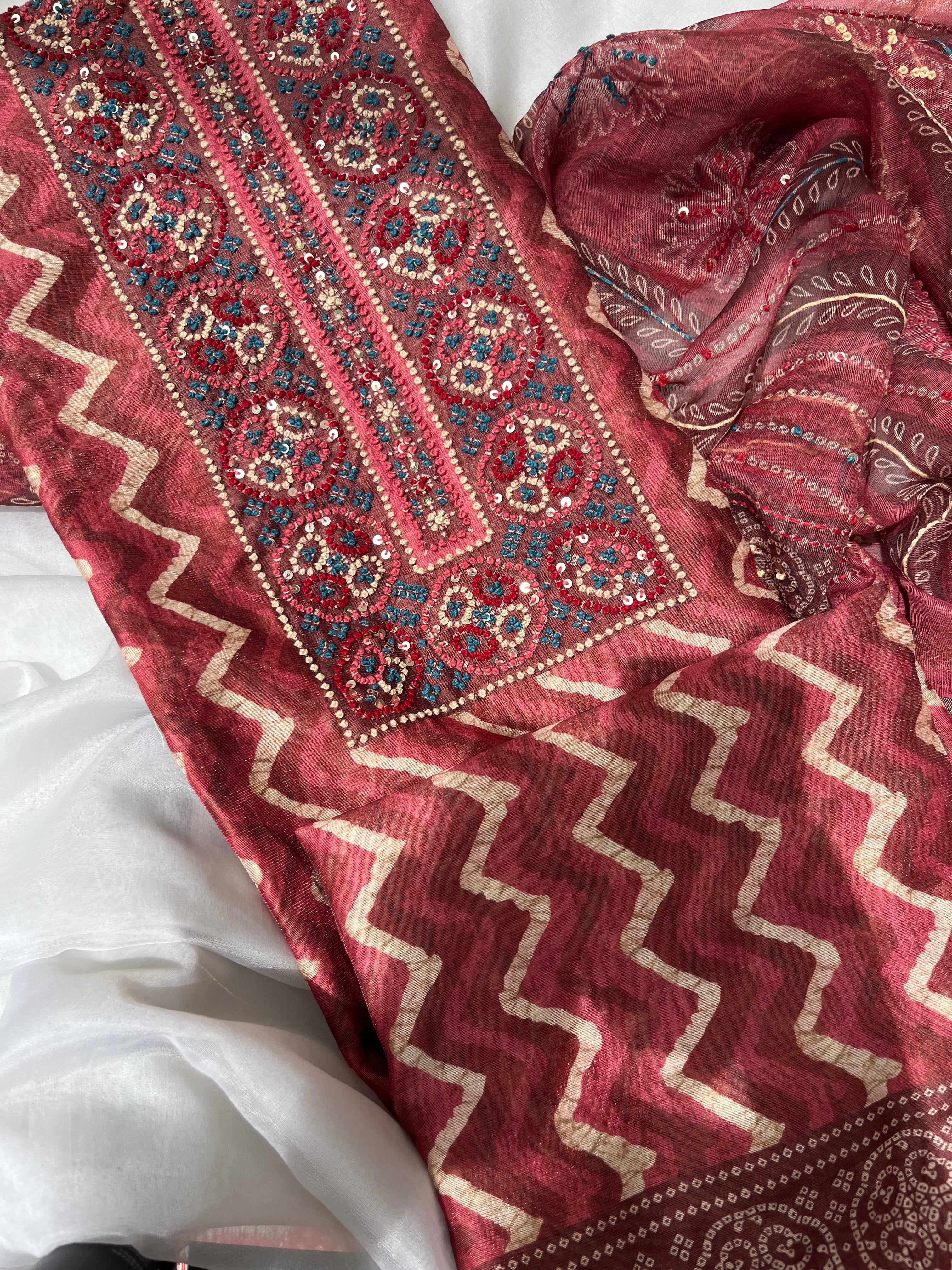 Dark Grey & Wine color Chanderi Unstitched salwar set