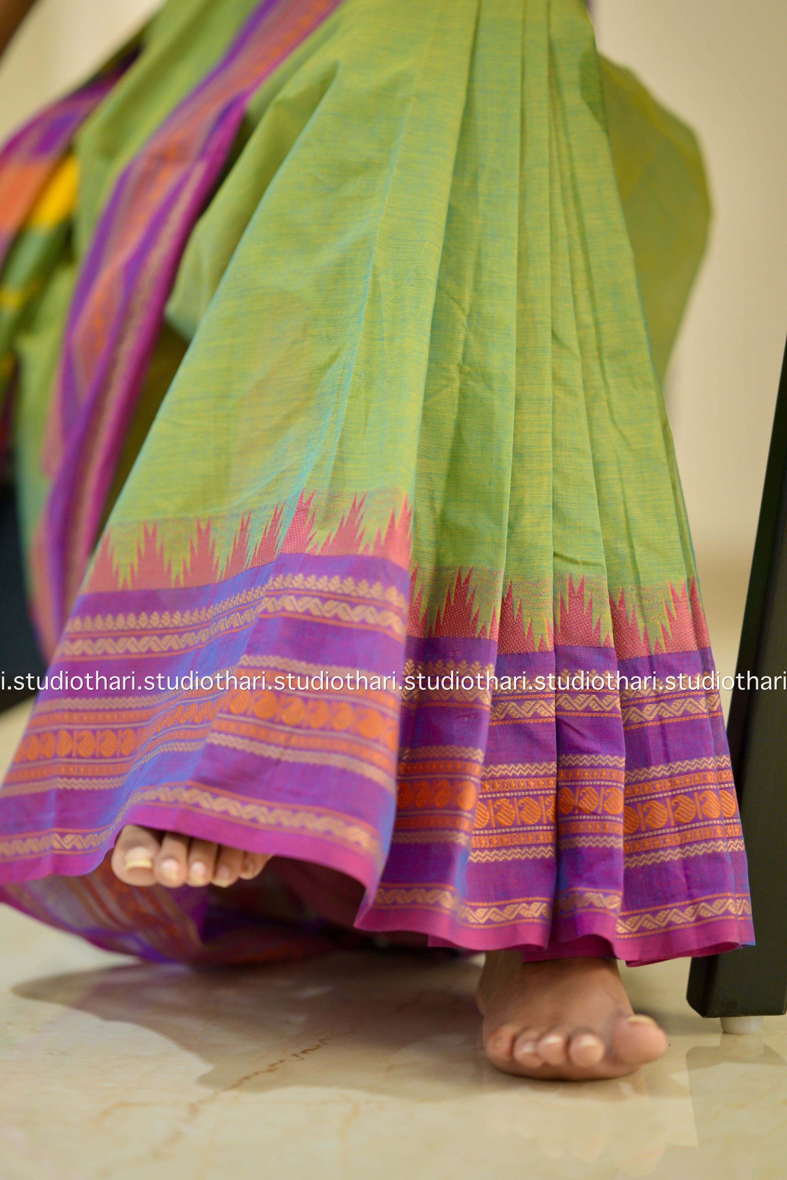 Green with pink border “Parvati” Bold and Beautiful Chettinad cotton saree