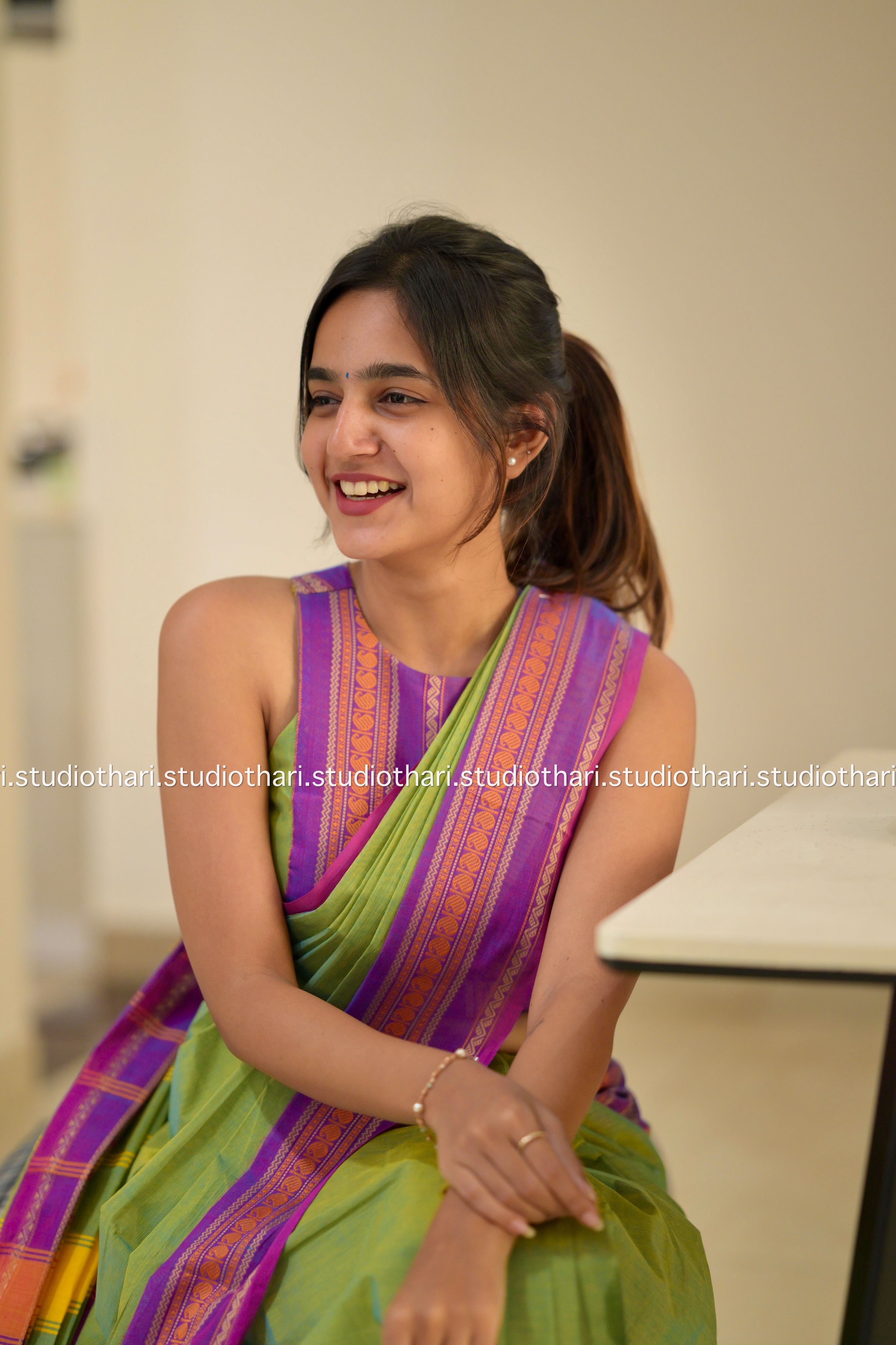 Green with pink border “Parvati” Bold and Beautiful Chettinad cotton saree