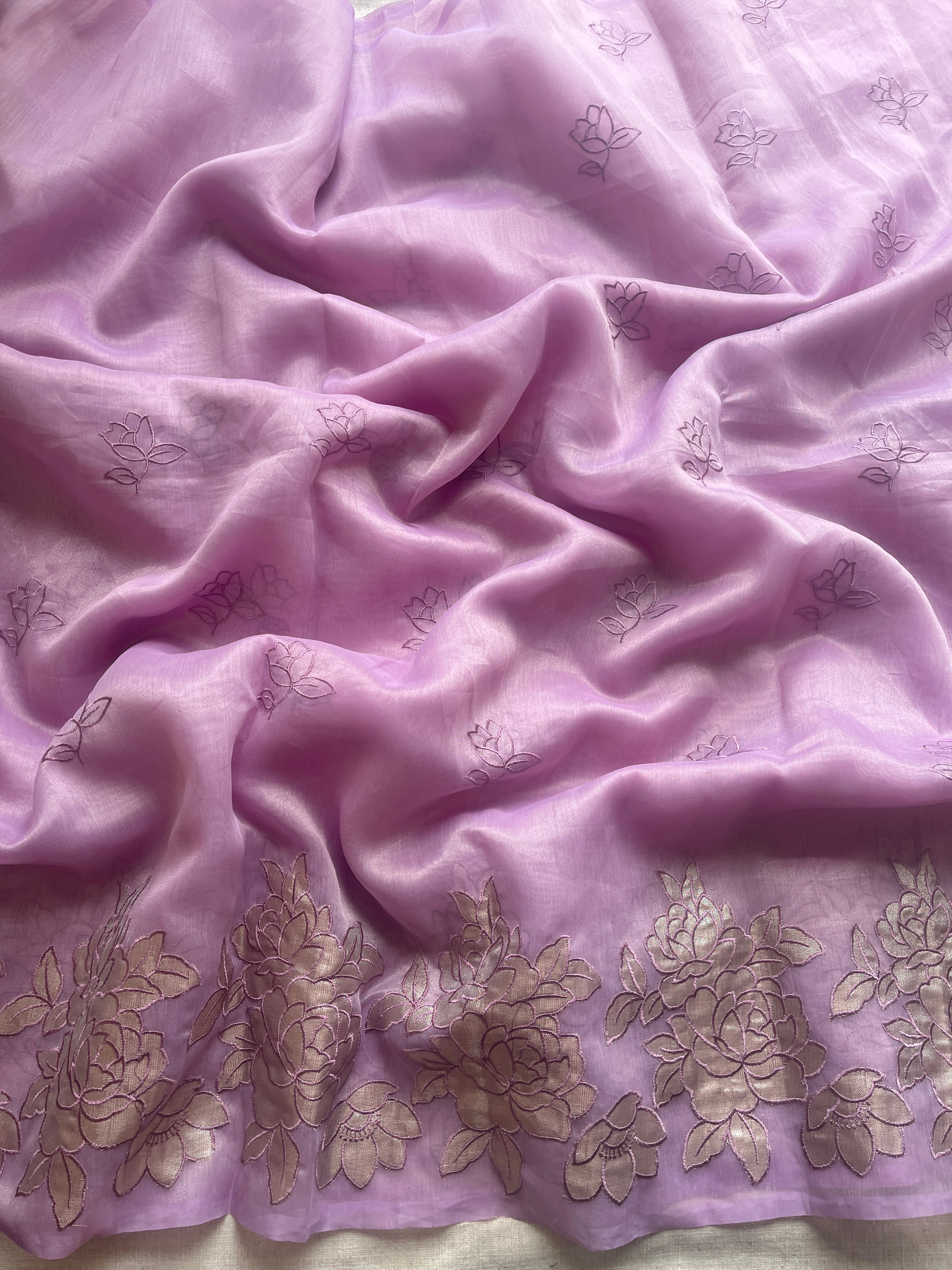 Lilac Organza floral appliqué saree