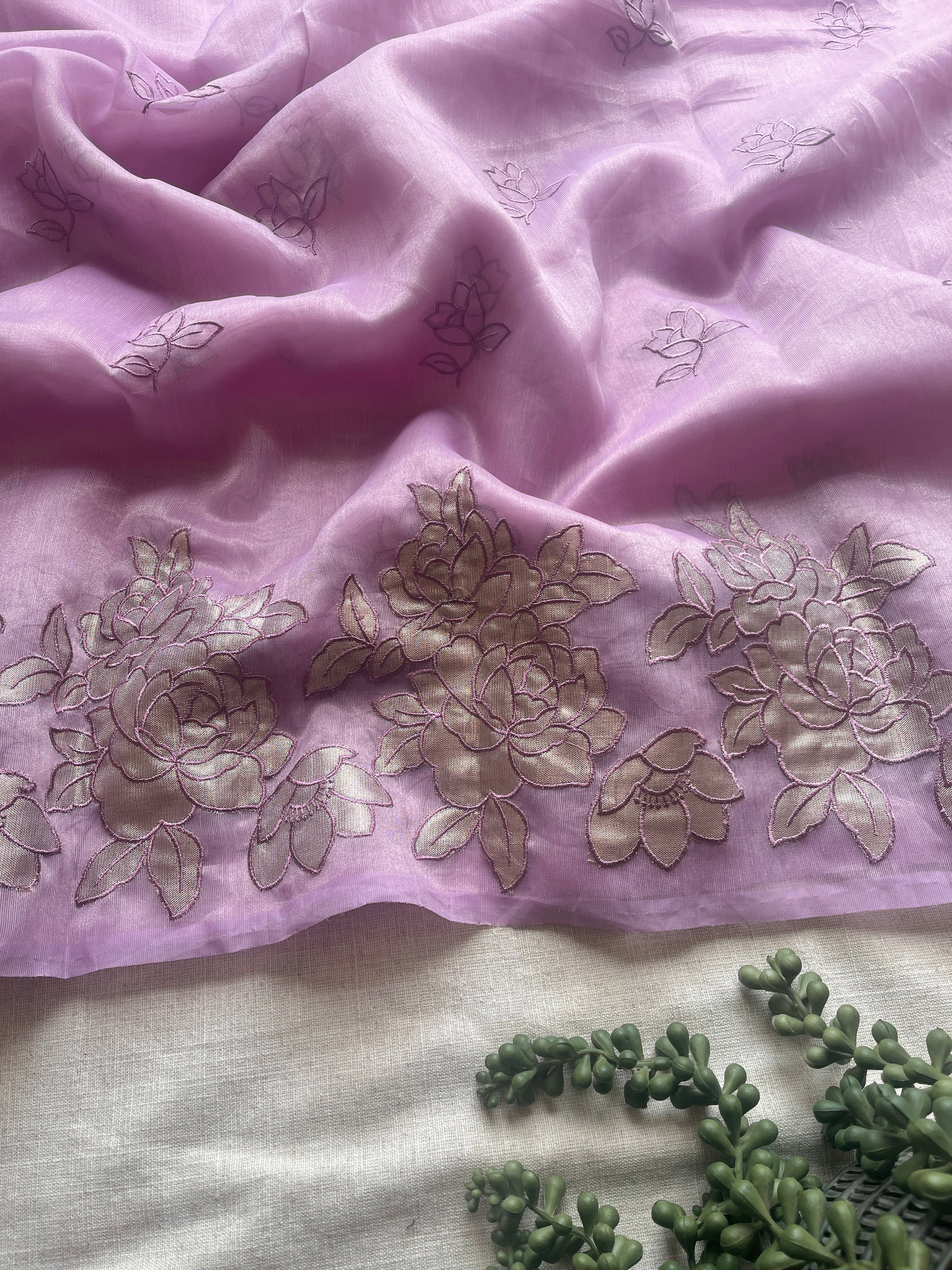 Lilac Organza floral appliqué saree