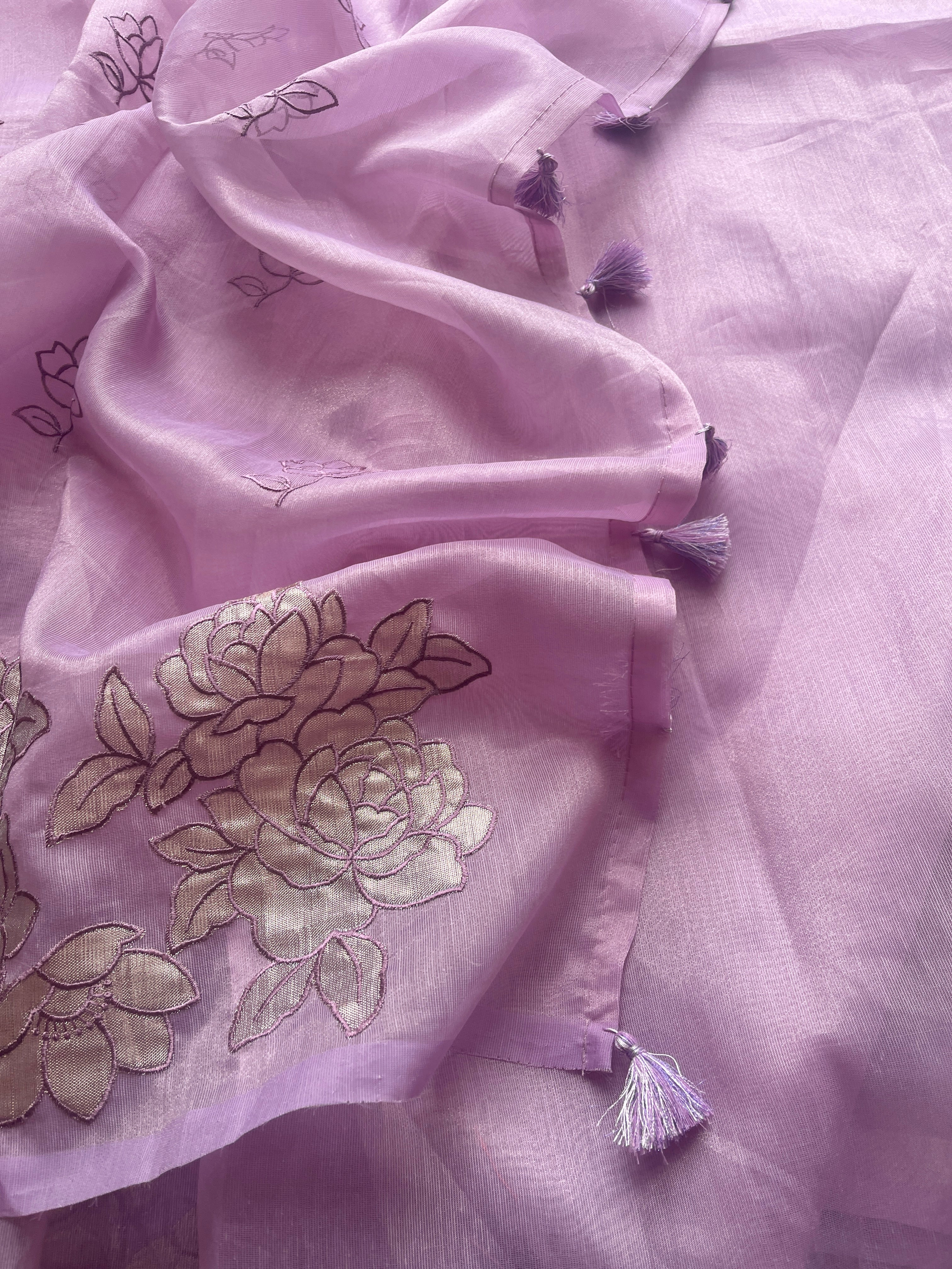 Lilac Organza floral appliqué saree