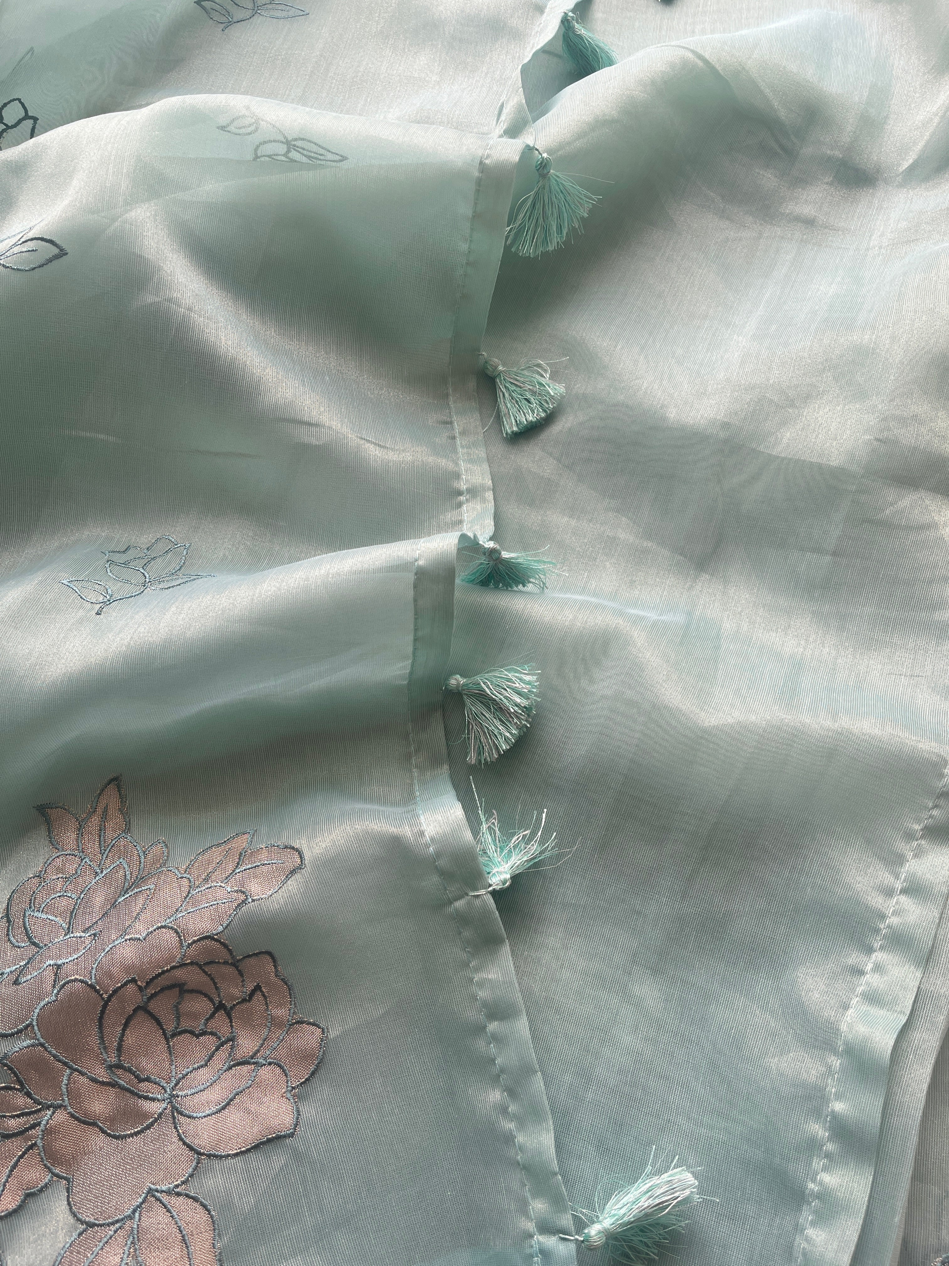 Blue Organza floral appliqué saree
