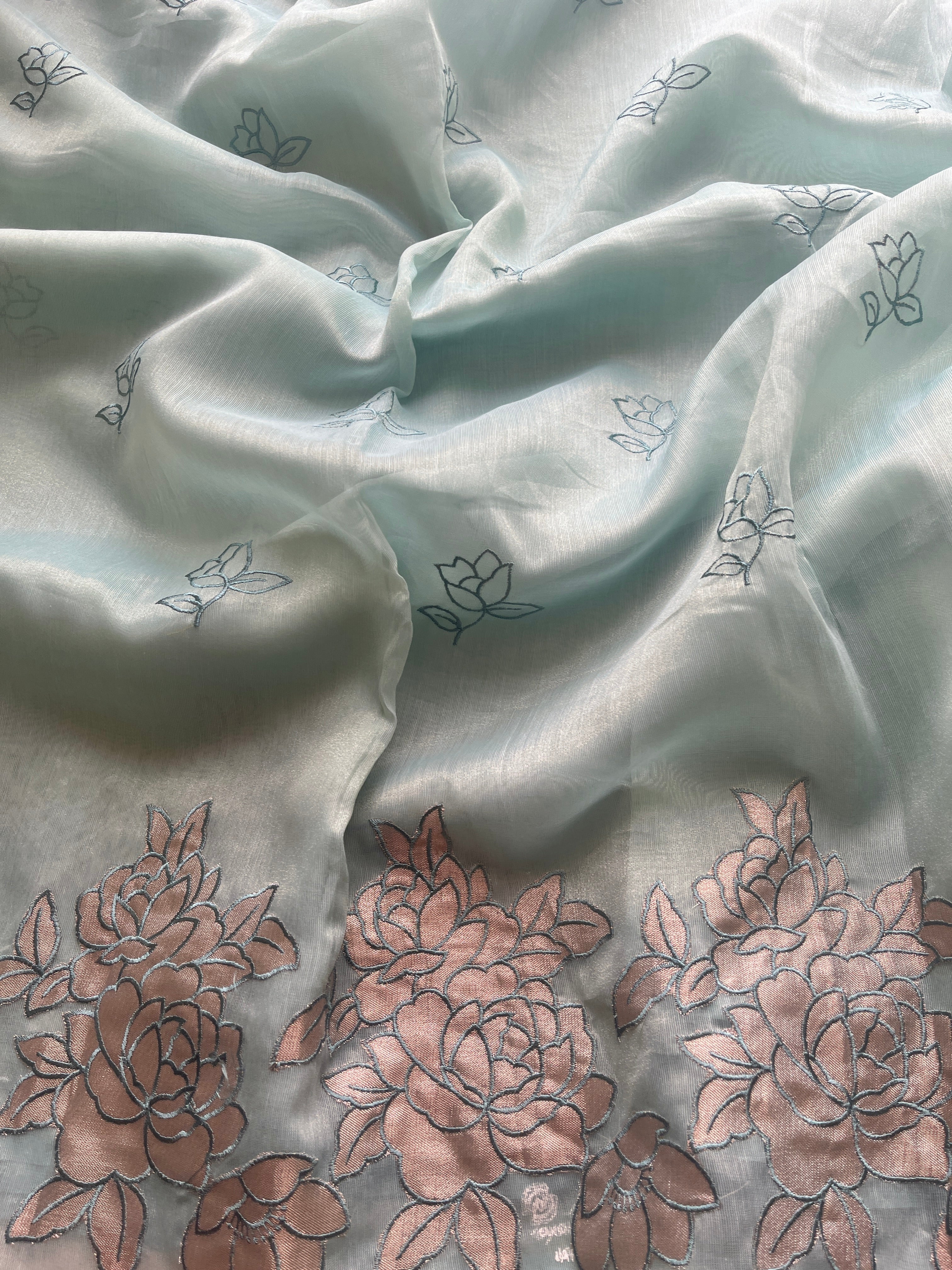 Blue Organza floral appliqué saree