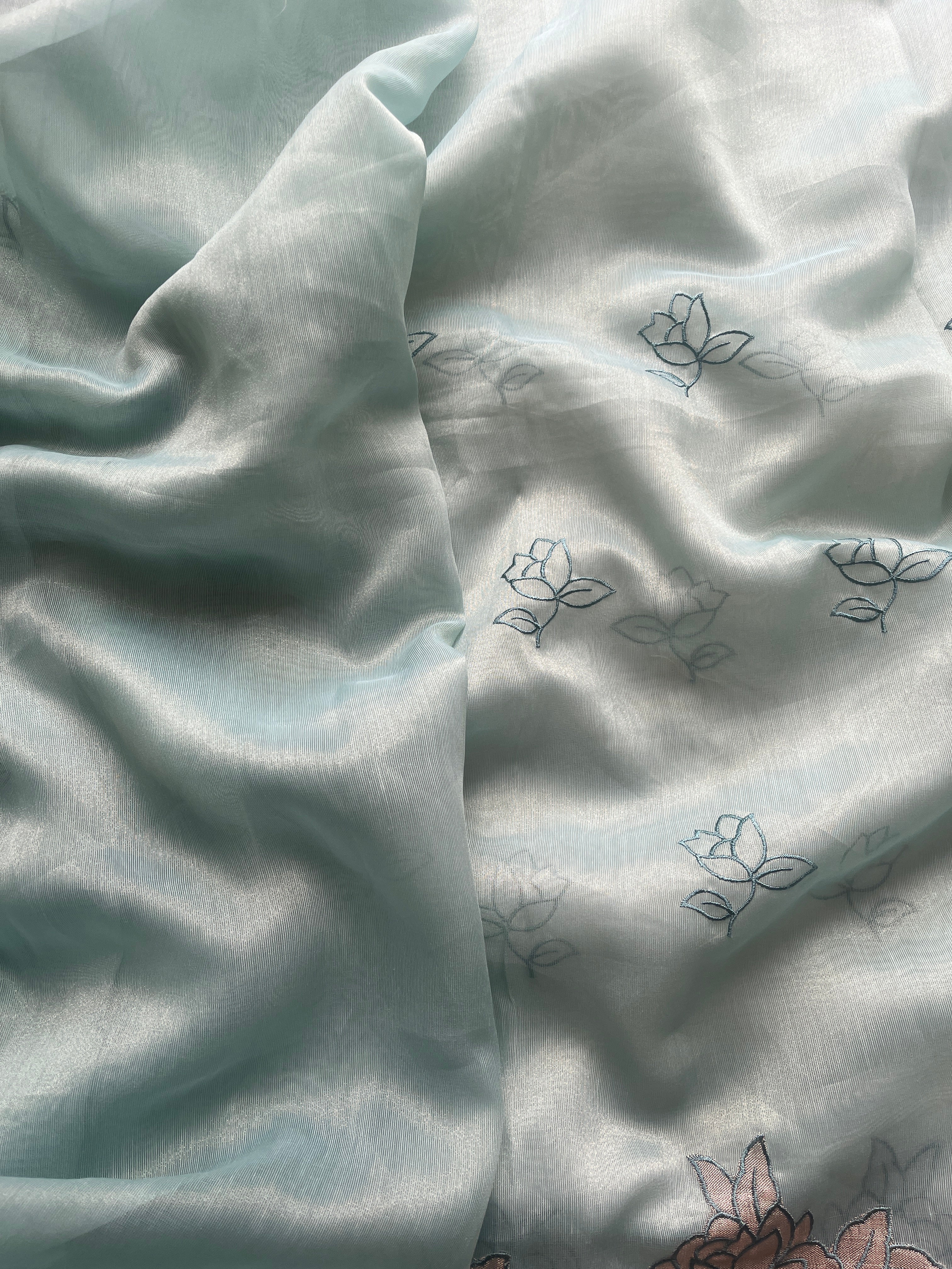 Blue Organza floral appliqué saree