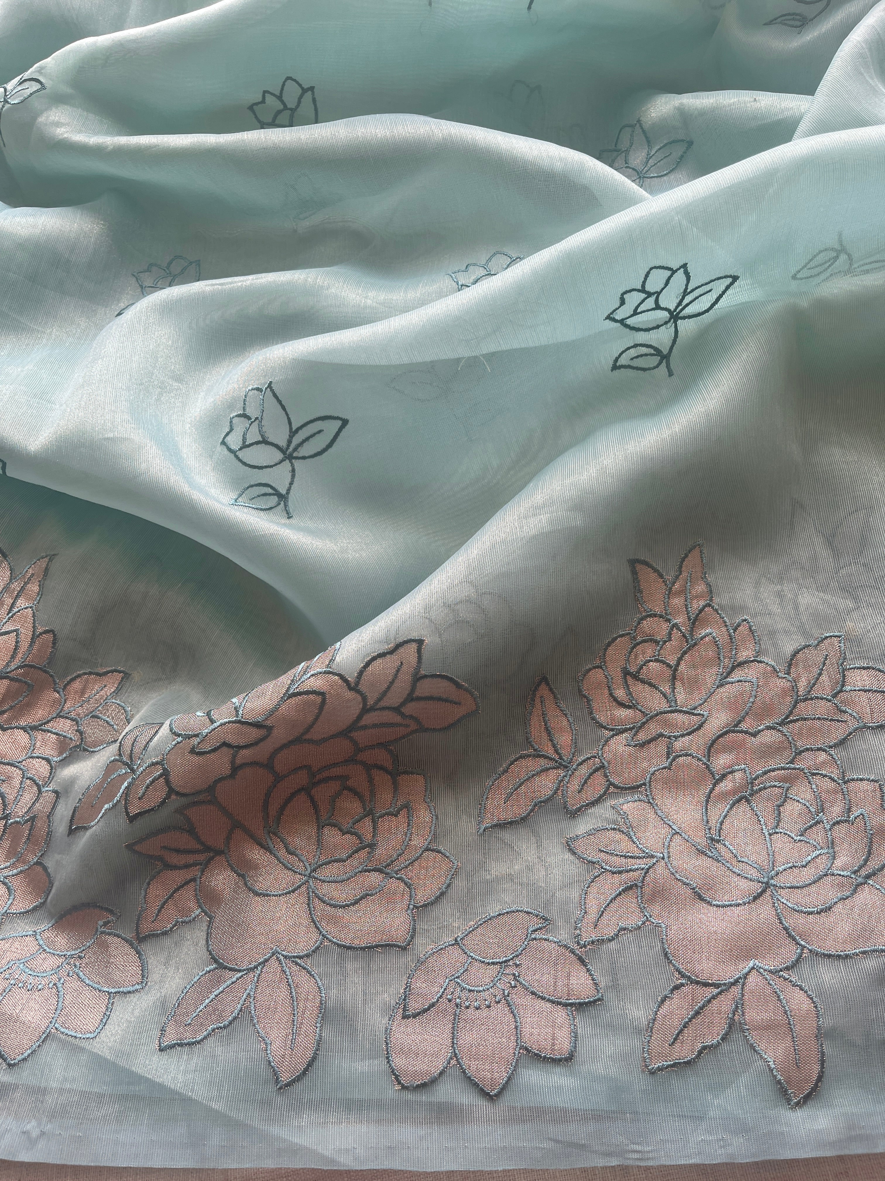 Blue Organza floral appliqué saree
