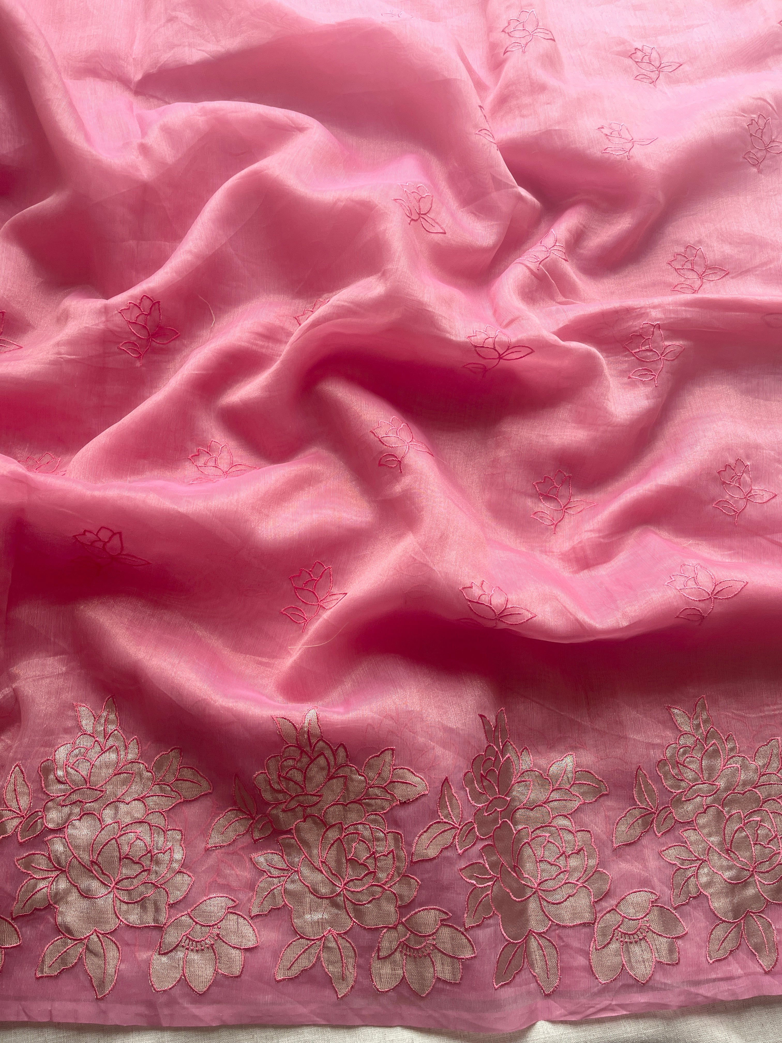 Pink Organza floral appliqué saree
