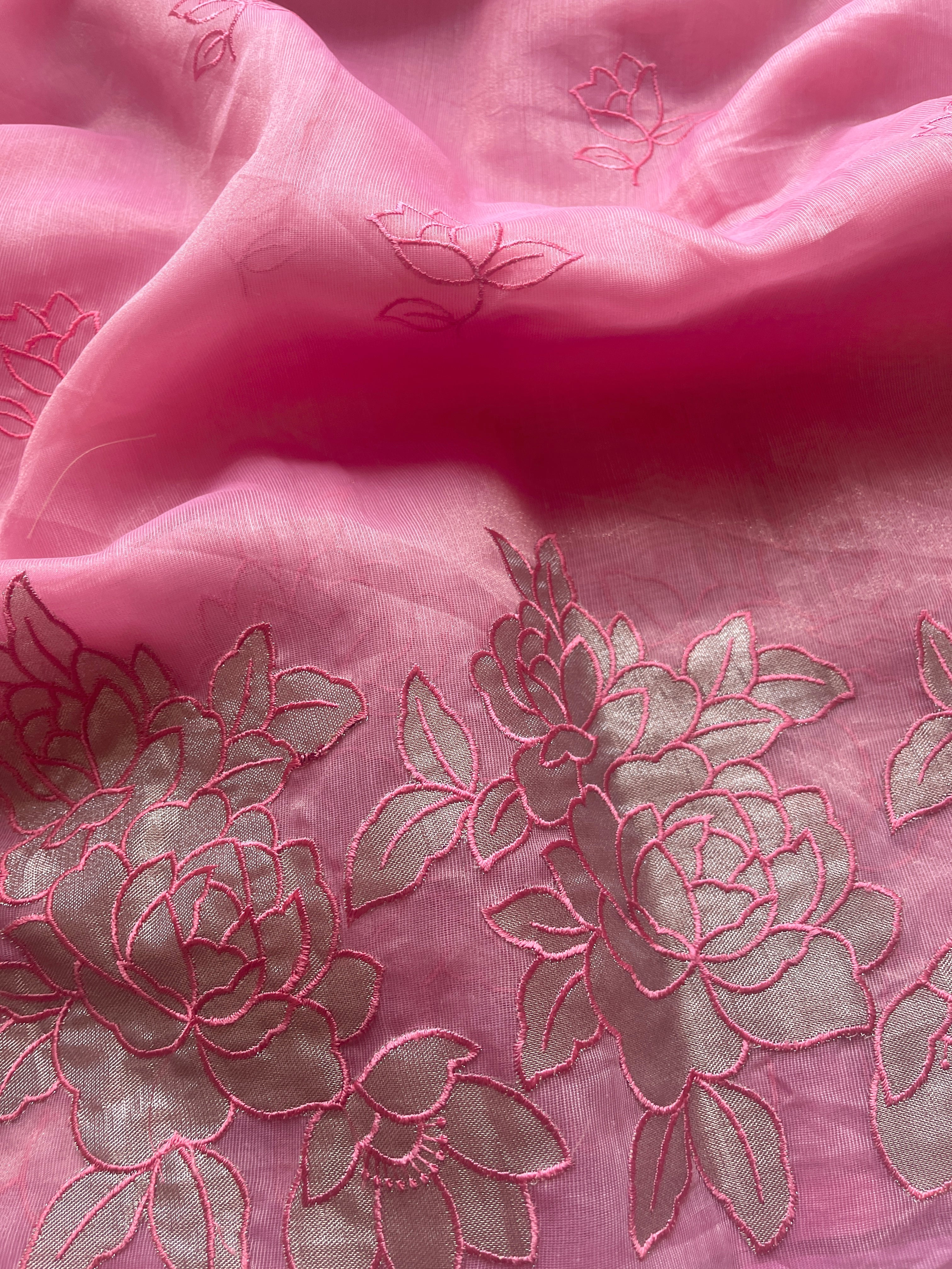 Pink Organza floral appliqué saree