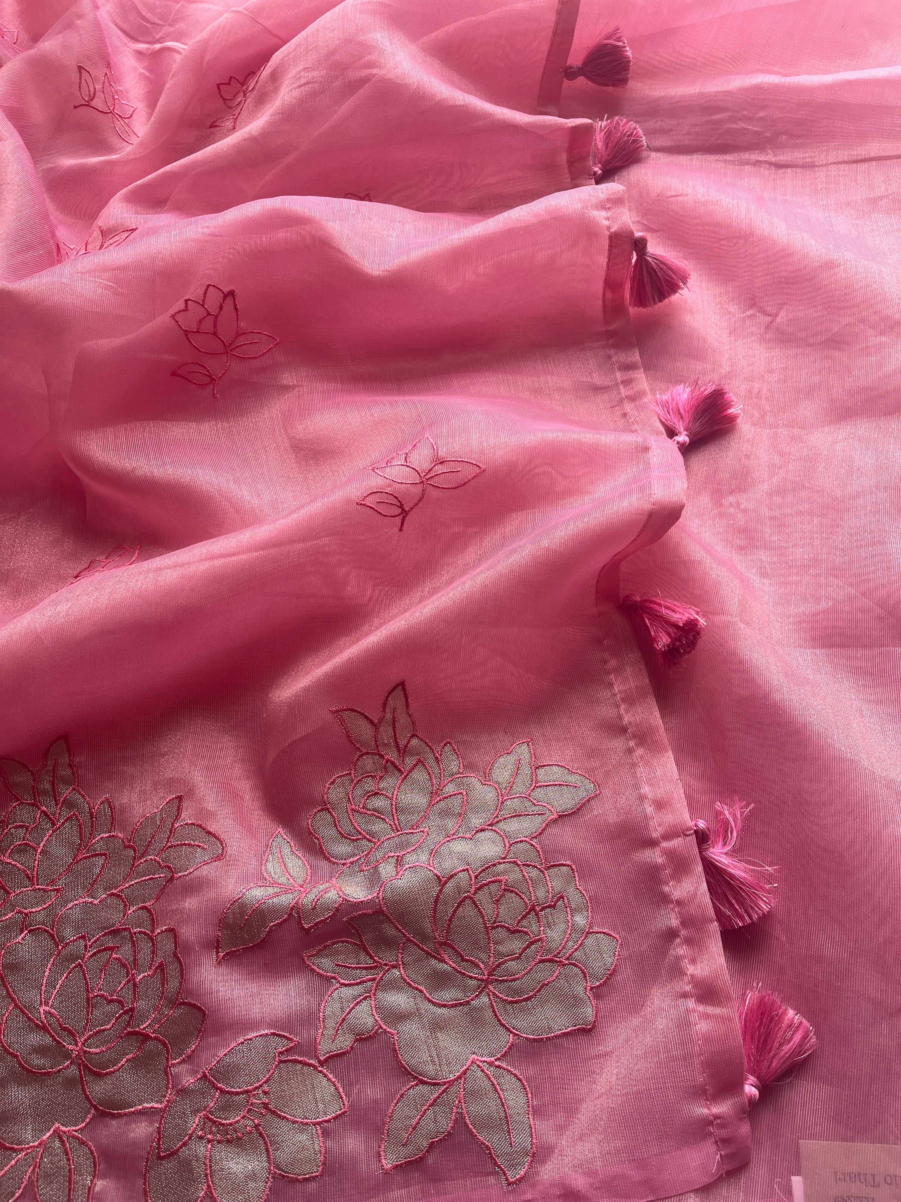 Pink Organza floral appliqué saree