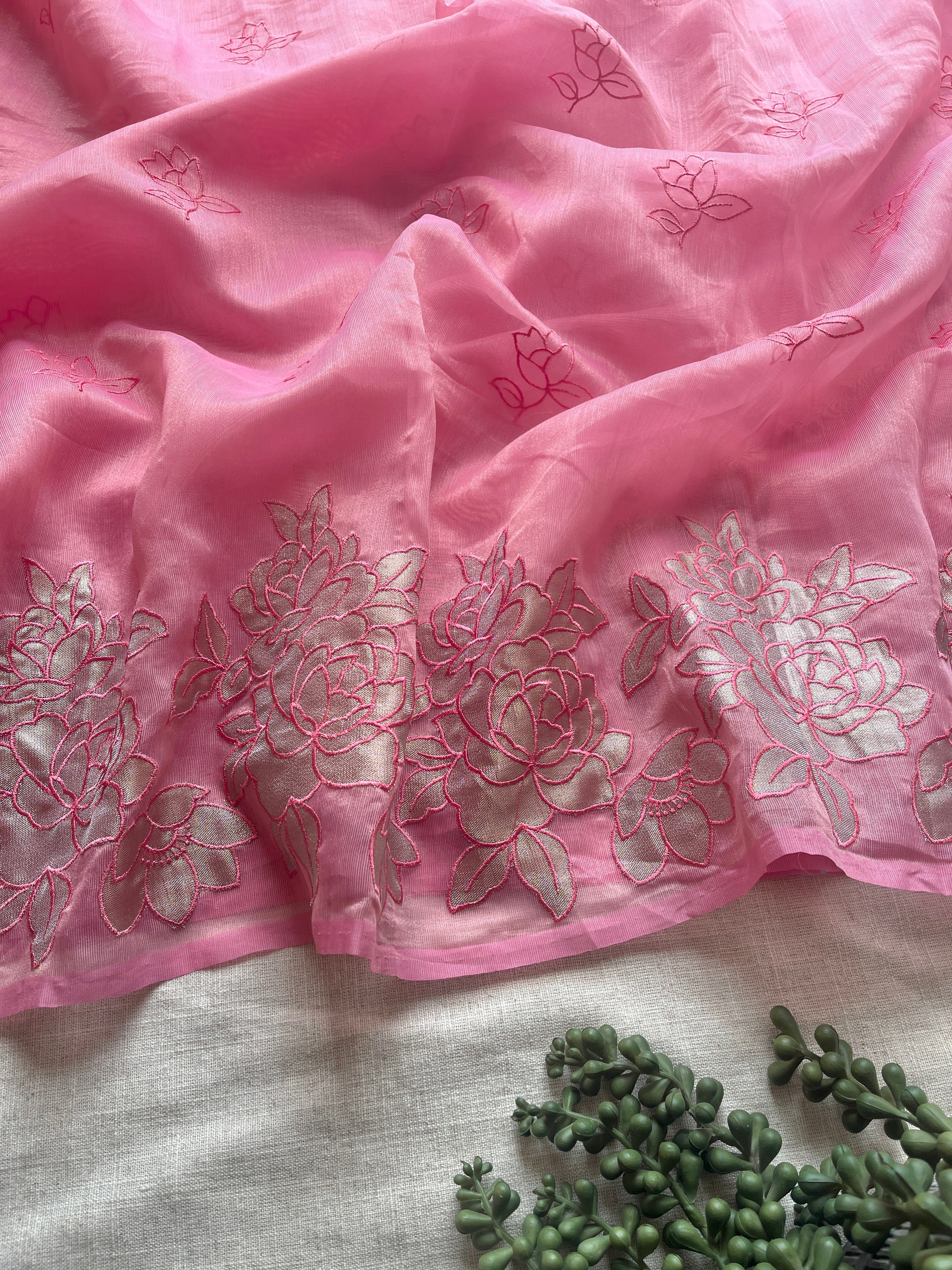 Pink Organza floral appliqué saree