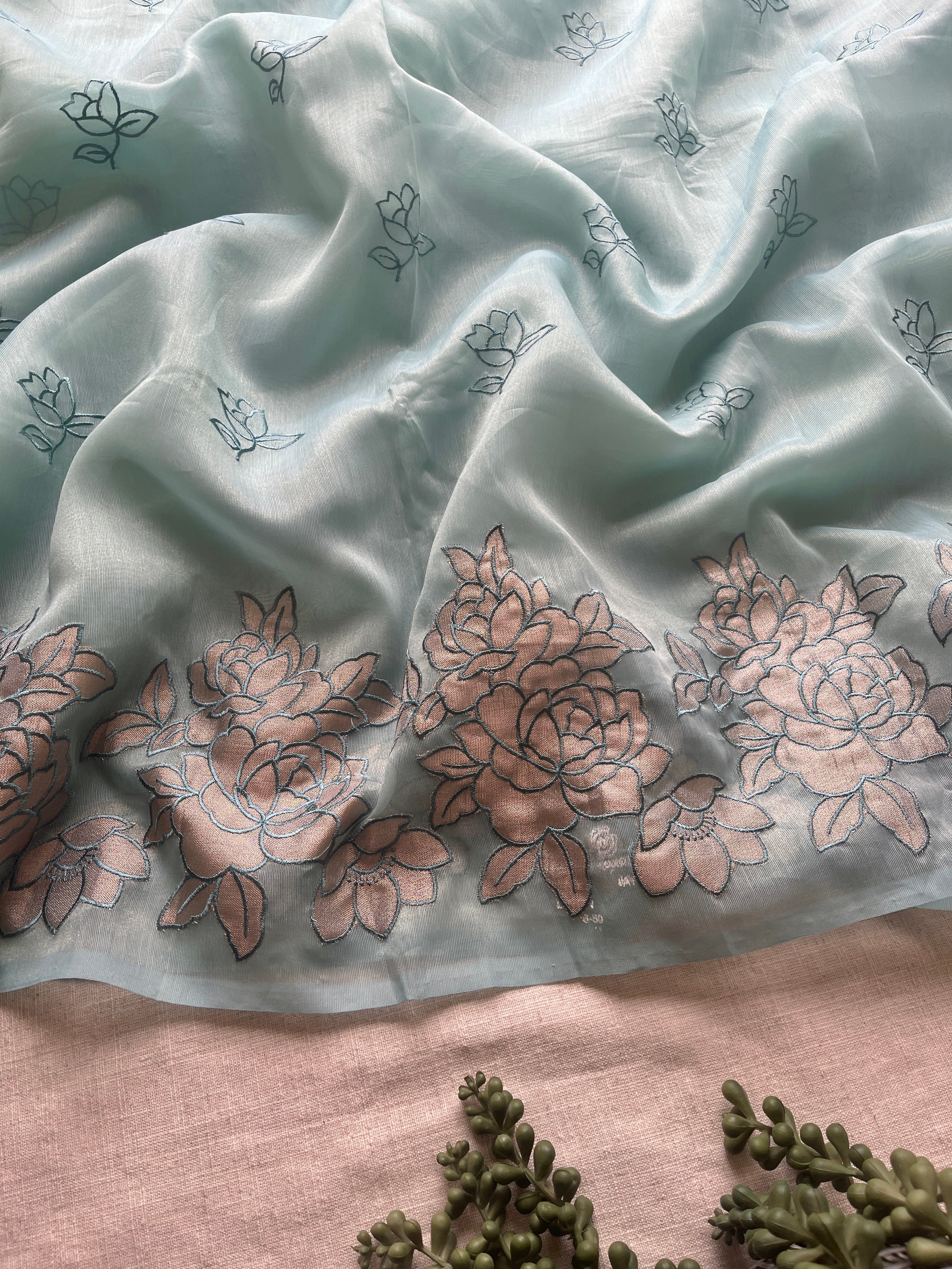 Blue Organza floral appliqué saree