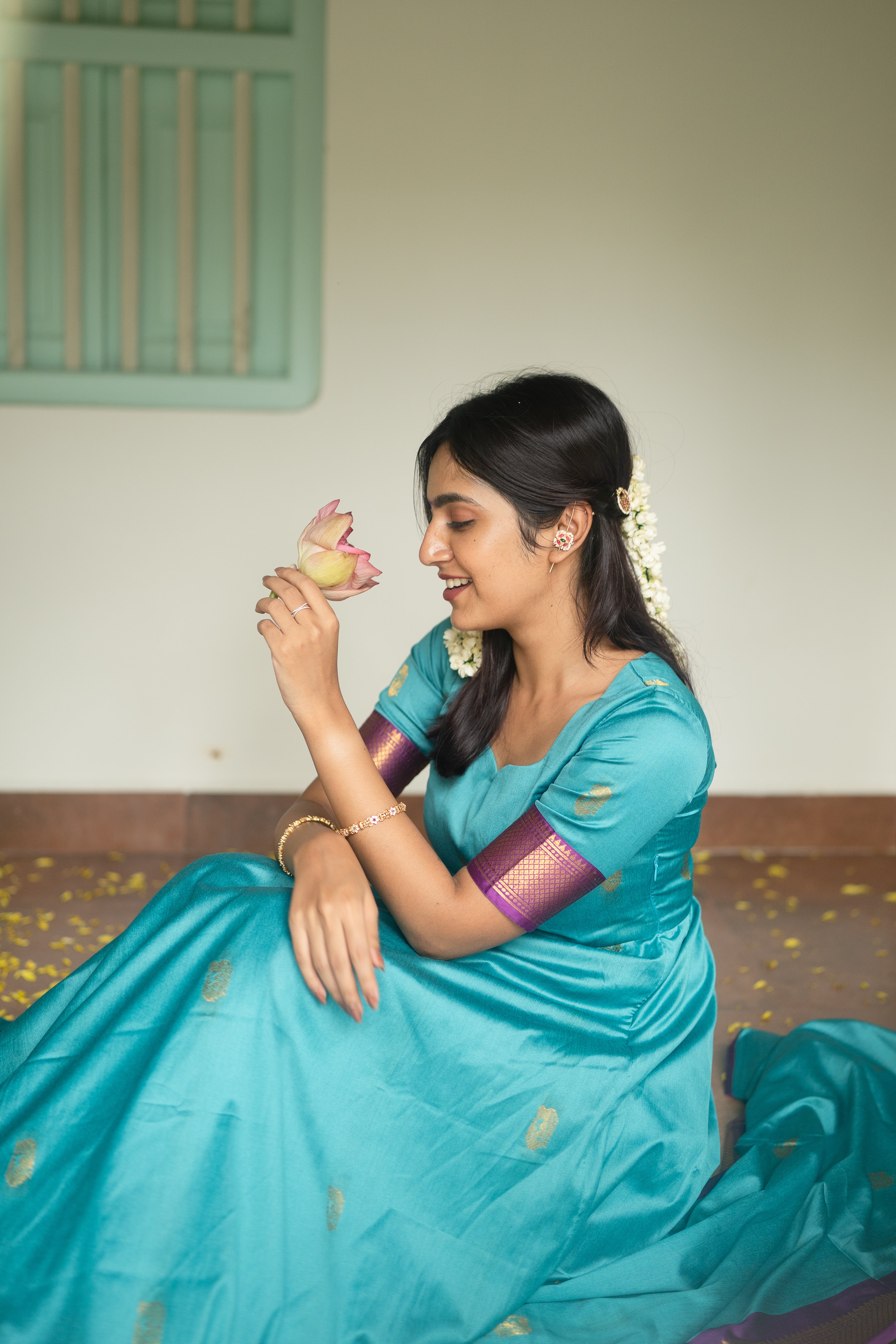Blue Silk cotton Anarkali Top & Dupatta
