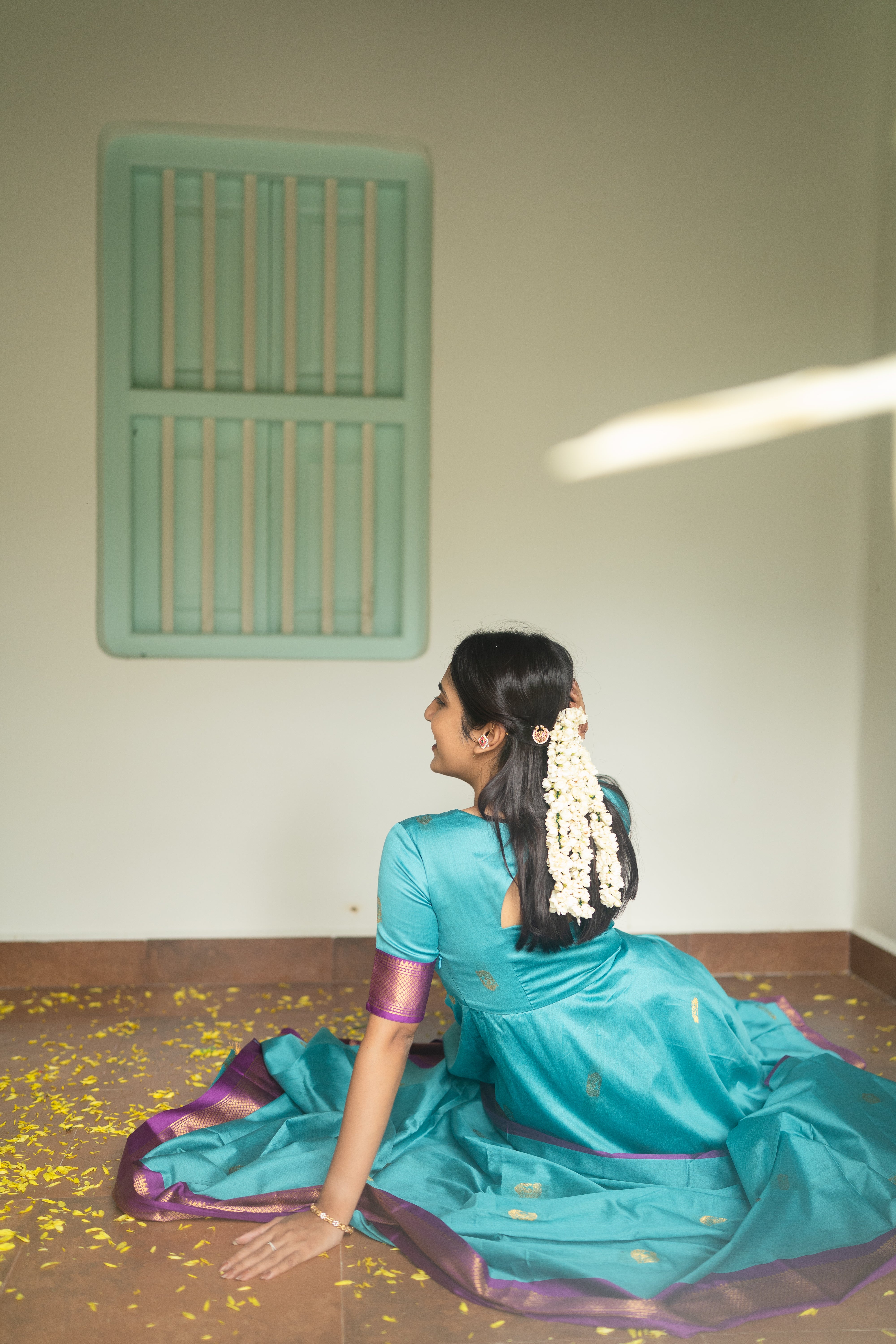 Blue Silk cotton Anarkali Top & Dupatta