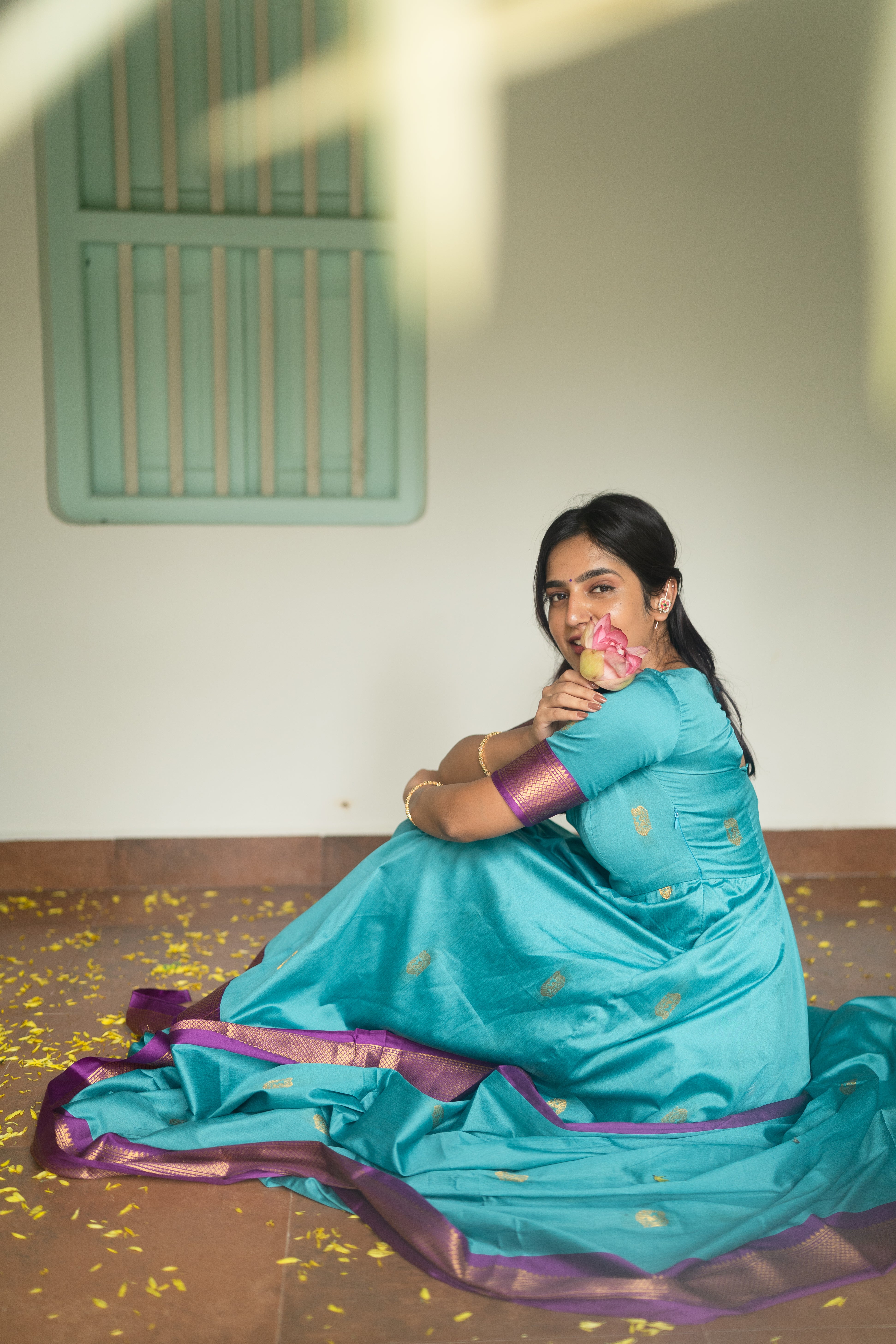 Blue Silk cotton Anarkali Top & Dupatta