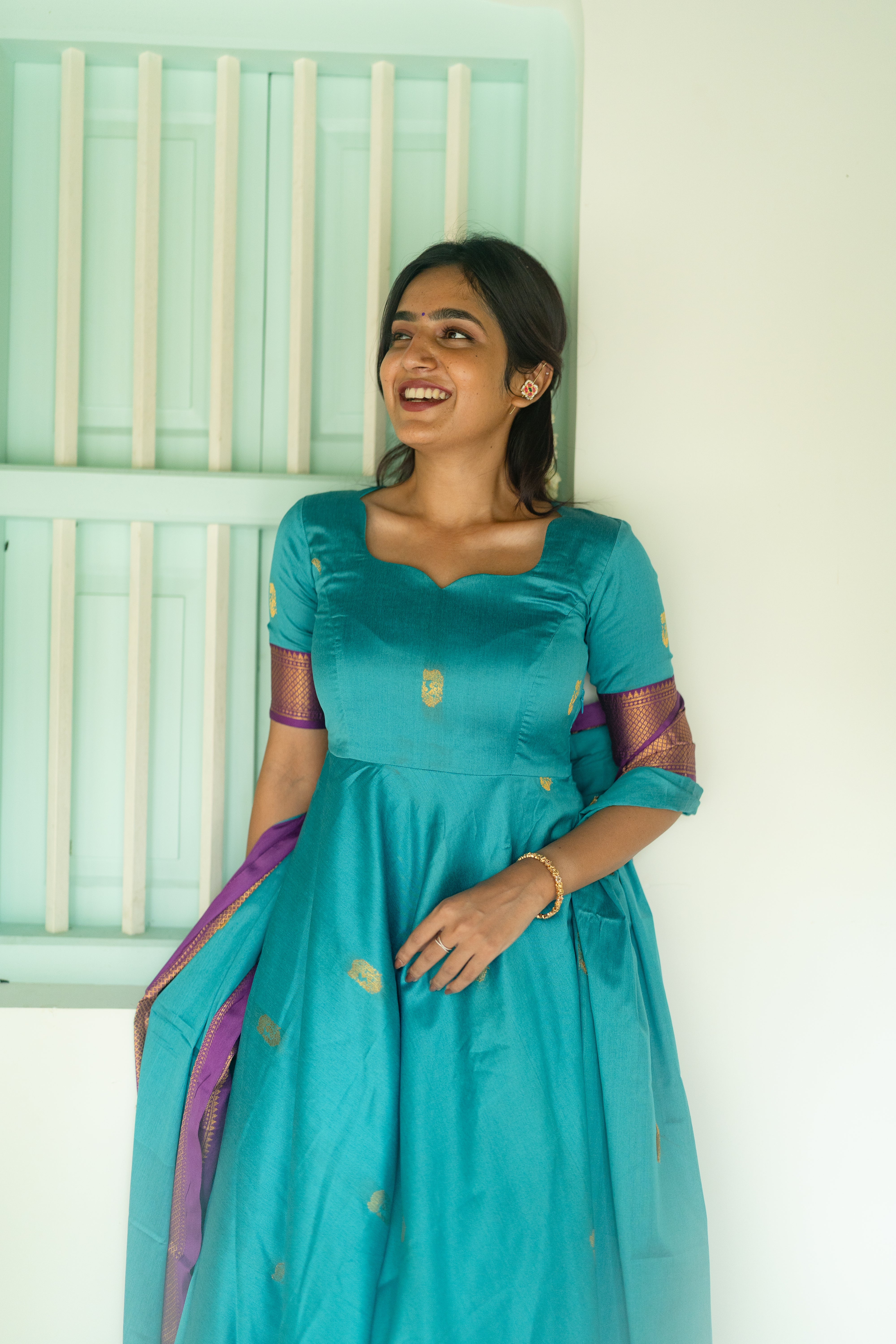 Blue Silk cotton Anarkali Top & Dupatta