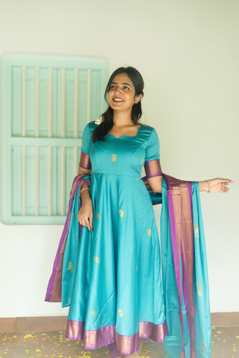 Blue Silk cotton Anarkali Top & Dupatta
