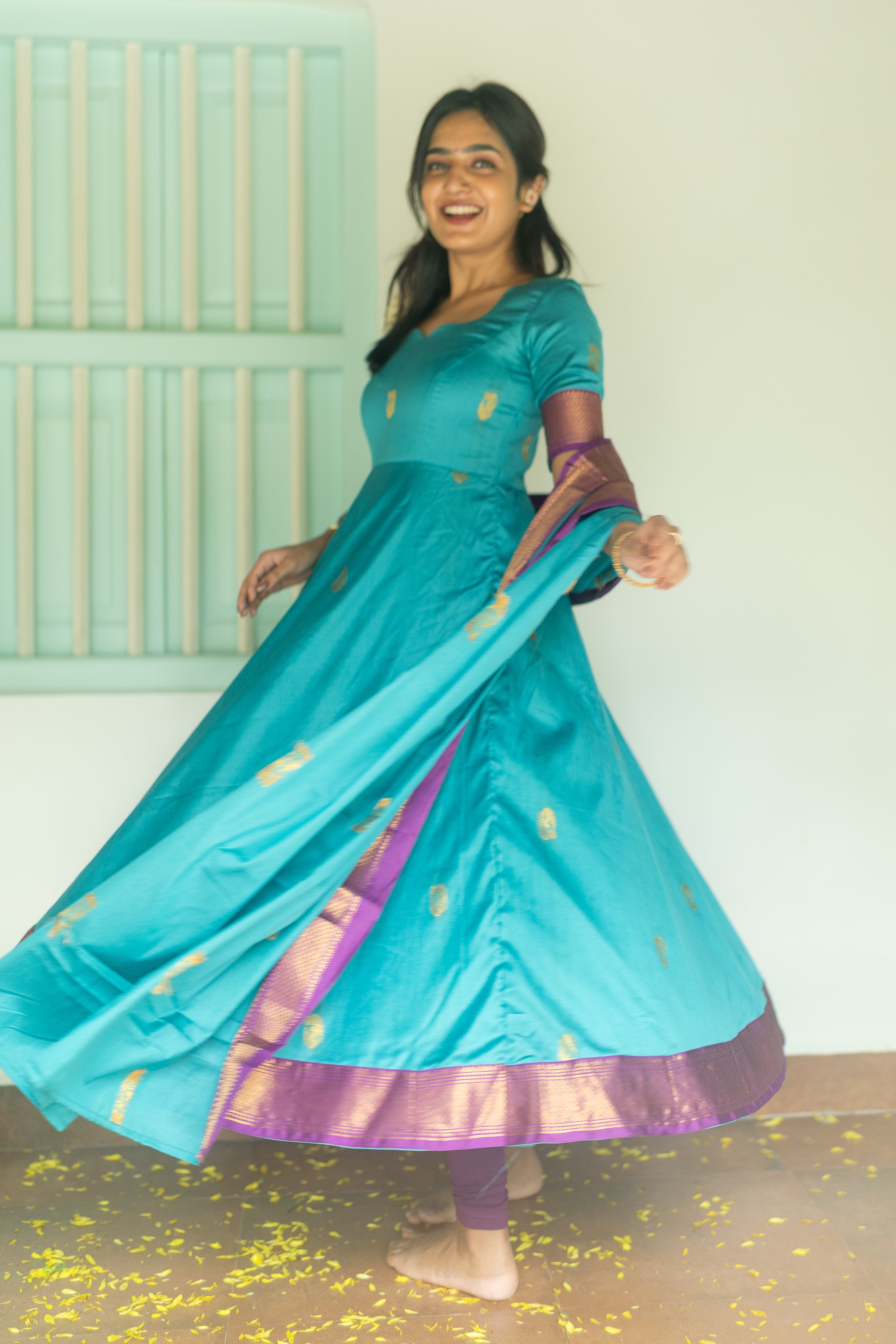 Blue Silk cotton Anarkali Top & Dupatta