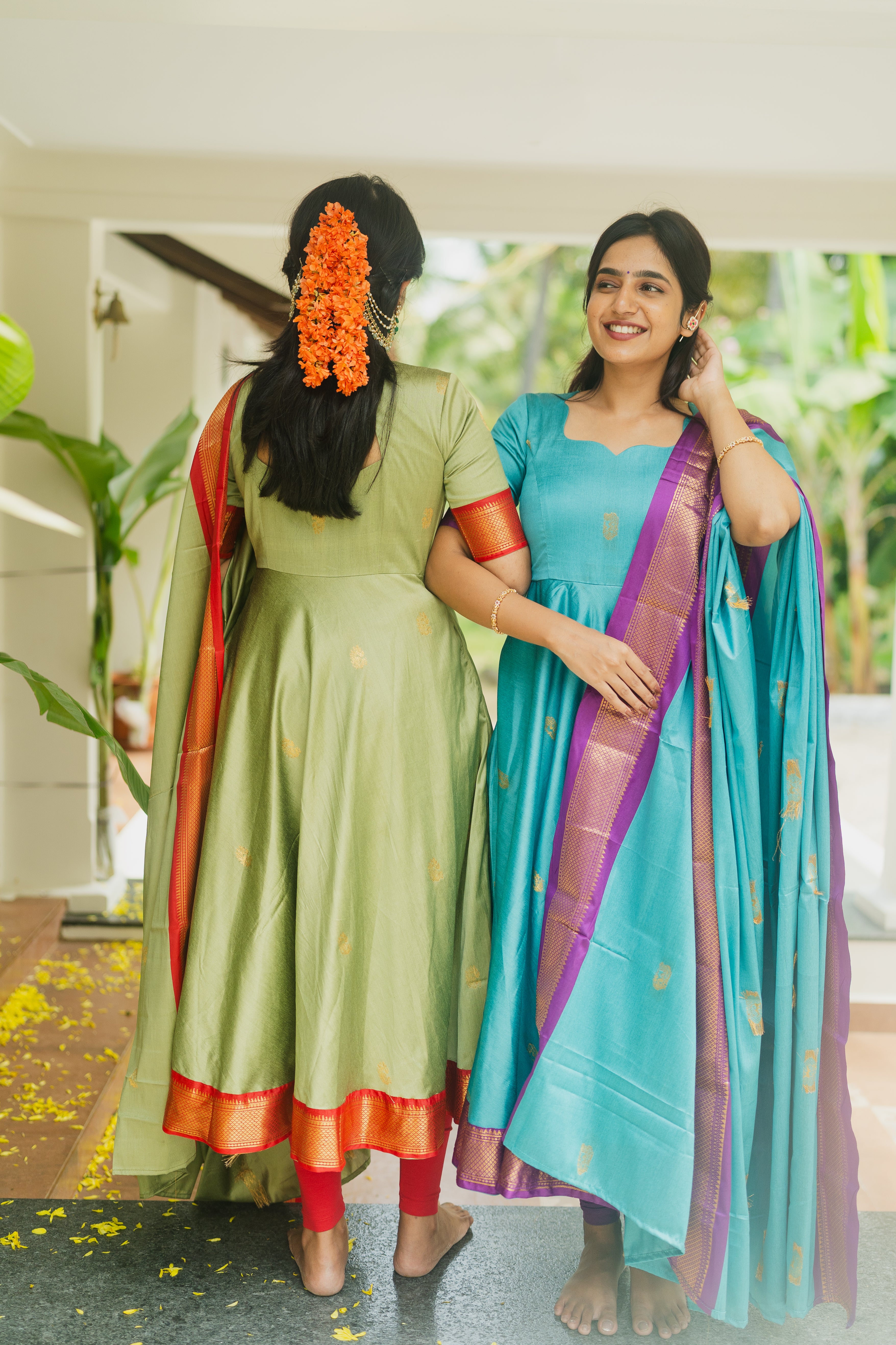Blue Silk cotton Anarkali Top & Dupatta