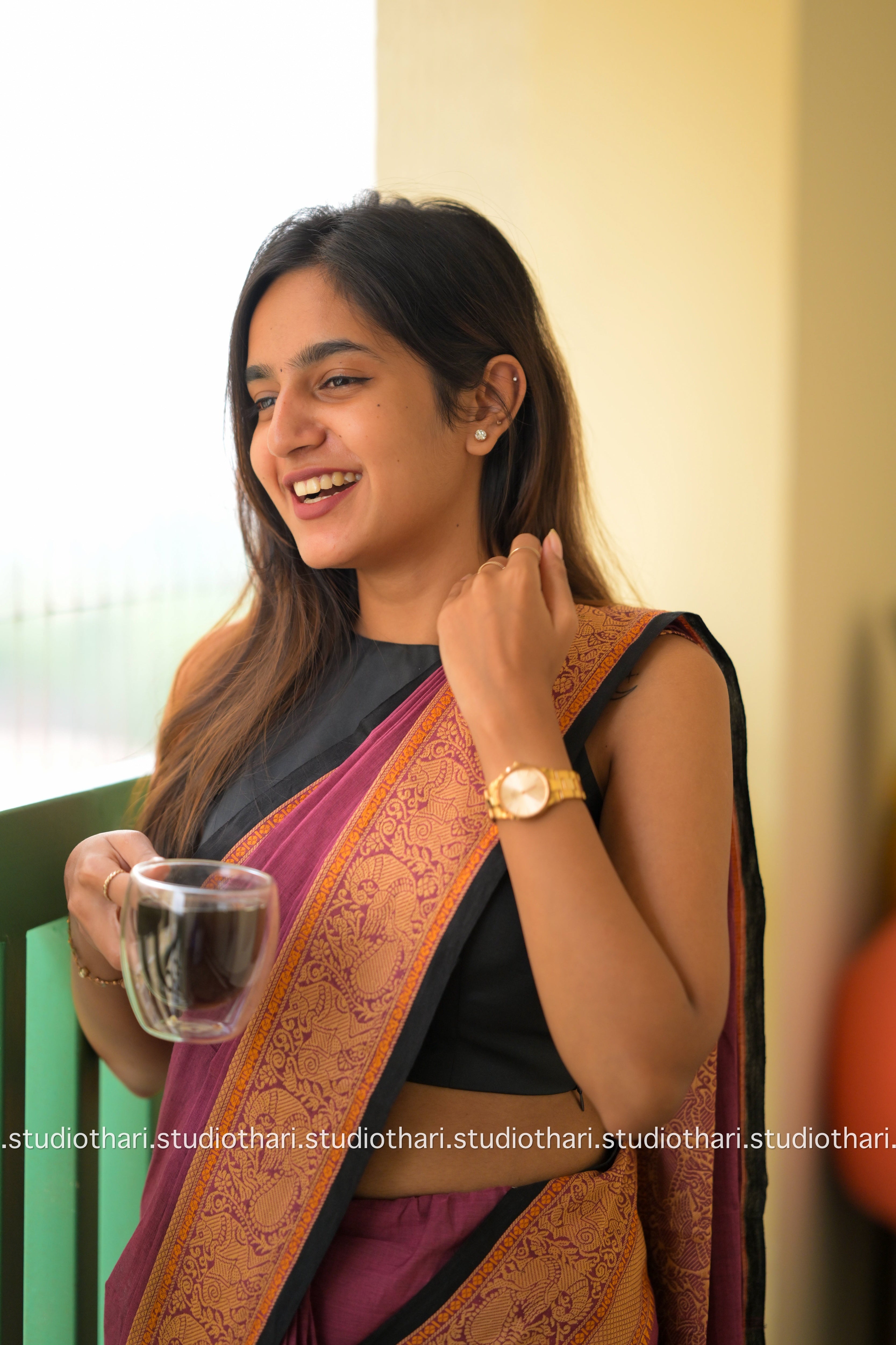 Dark pink with Gold border “Parvati” Bold and Beautiful Chettinad cotton saree