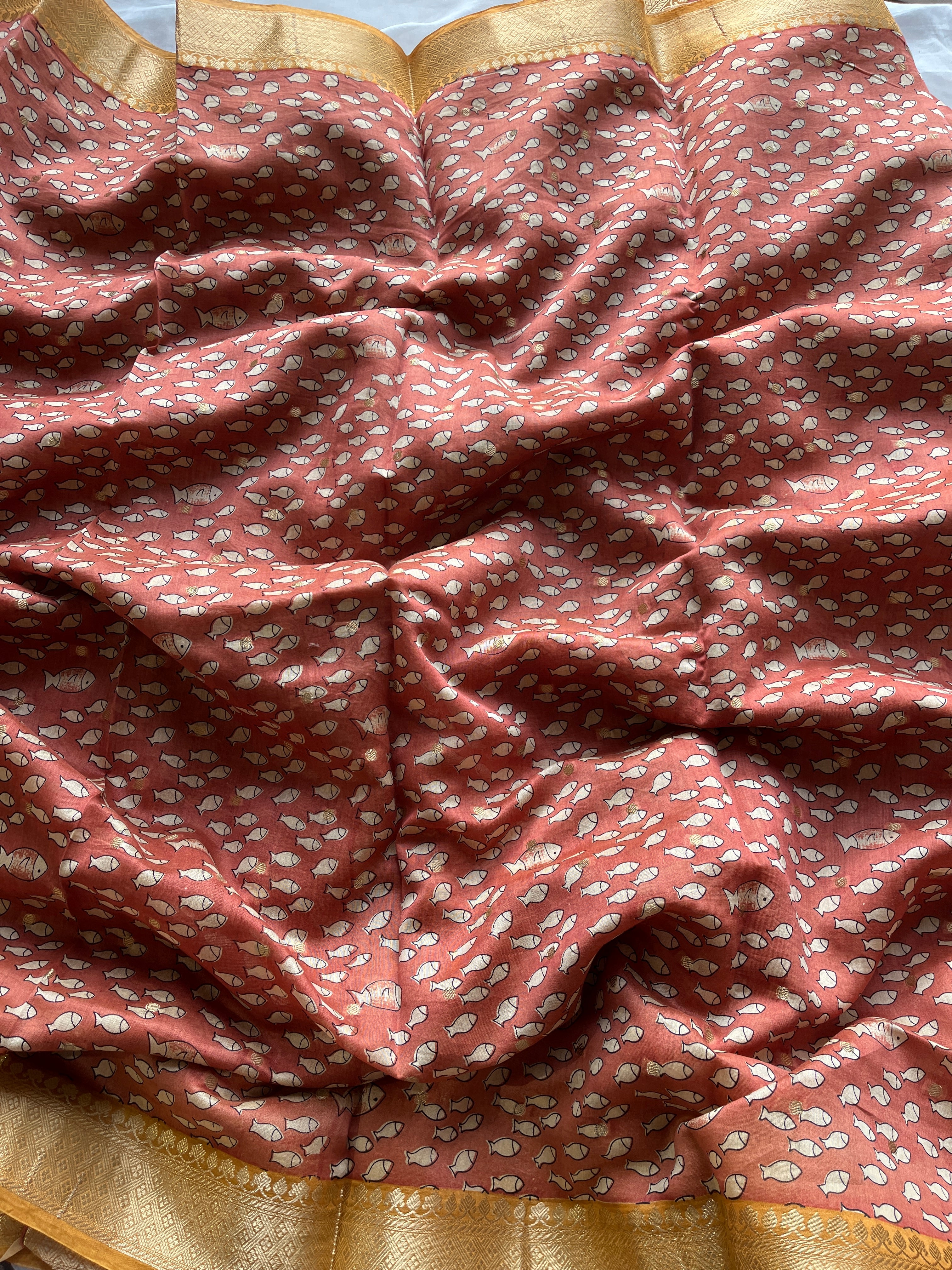 Brown fish printed Chanderi saree
