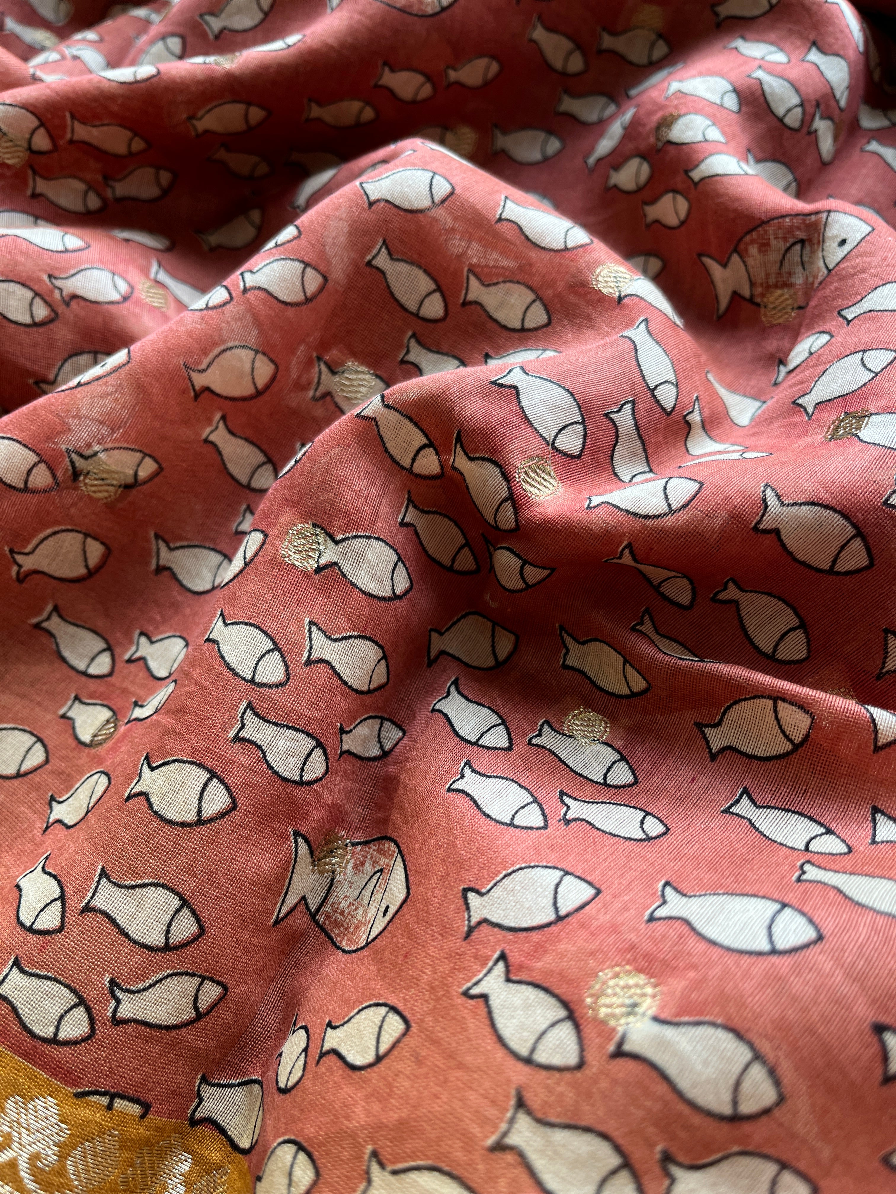 Brown fish printed Chanderi saree