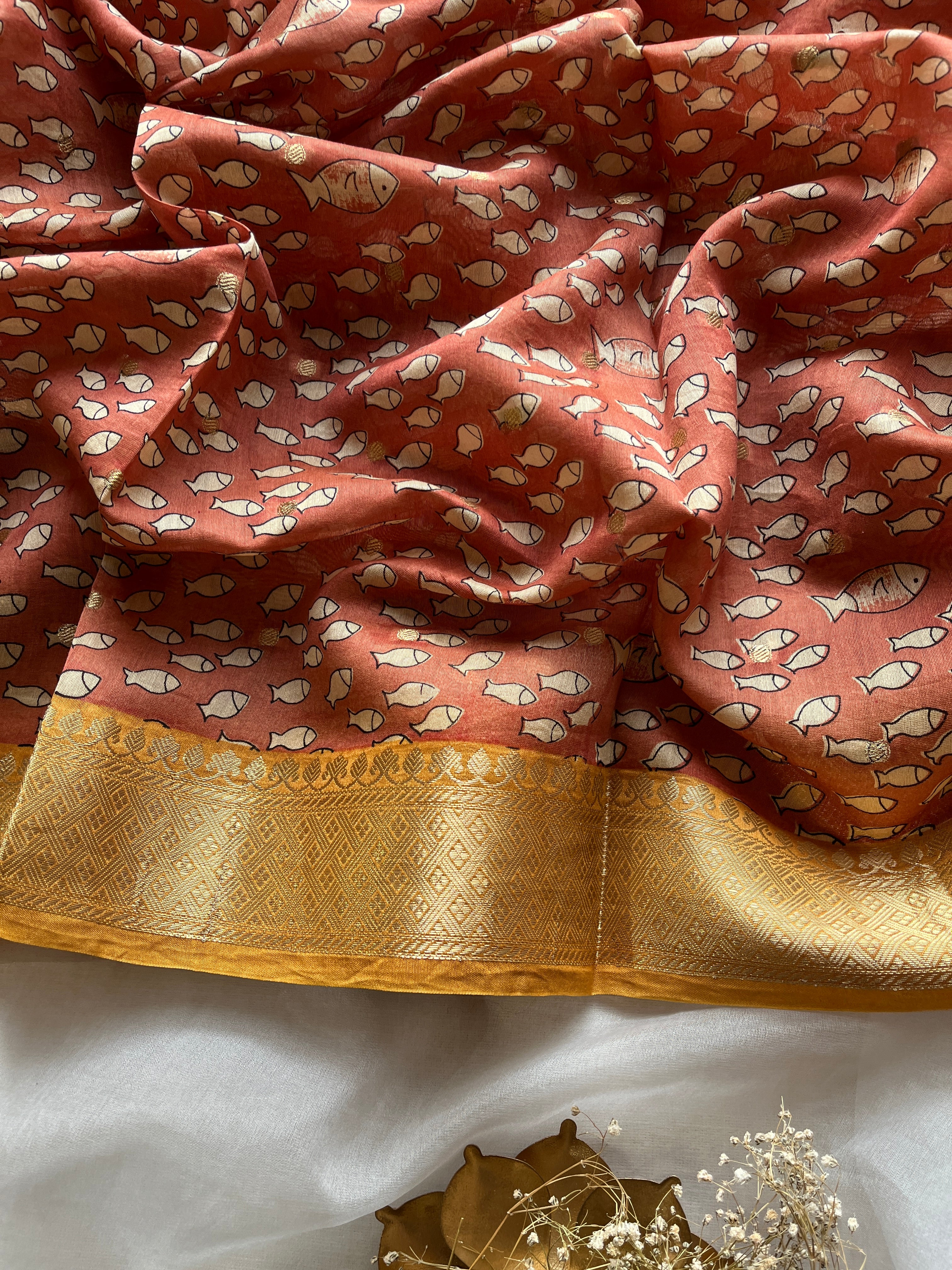 Brown fish printed Chanderi saree