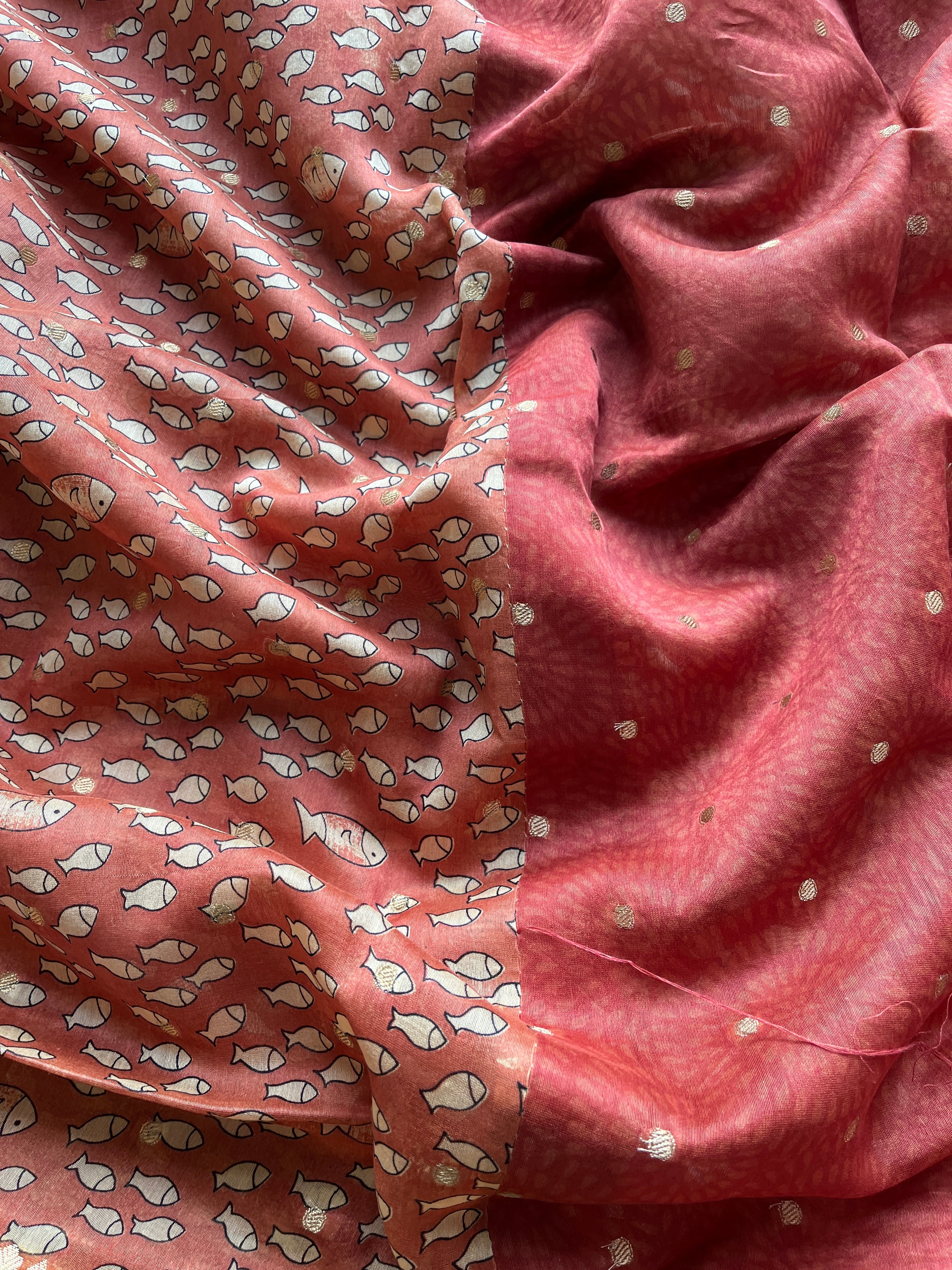 Brown fish printed Chanderi saree
