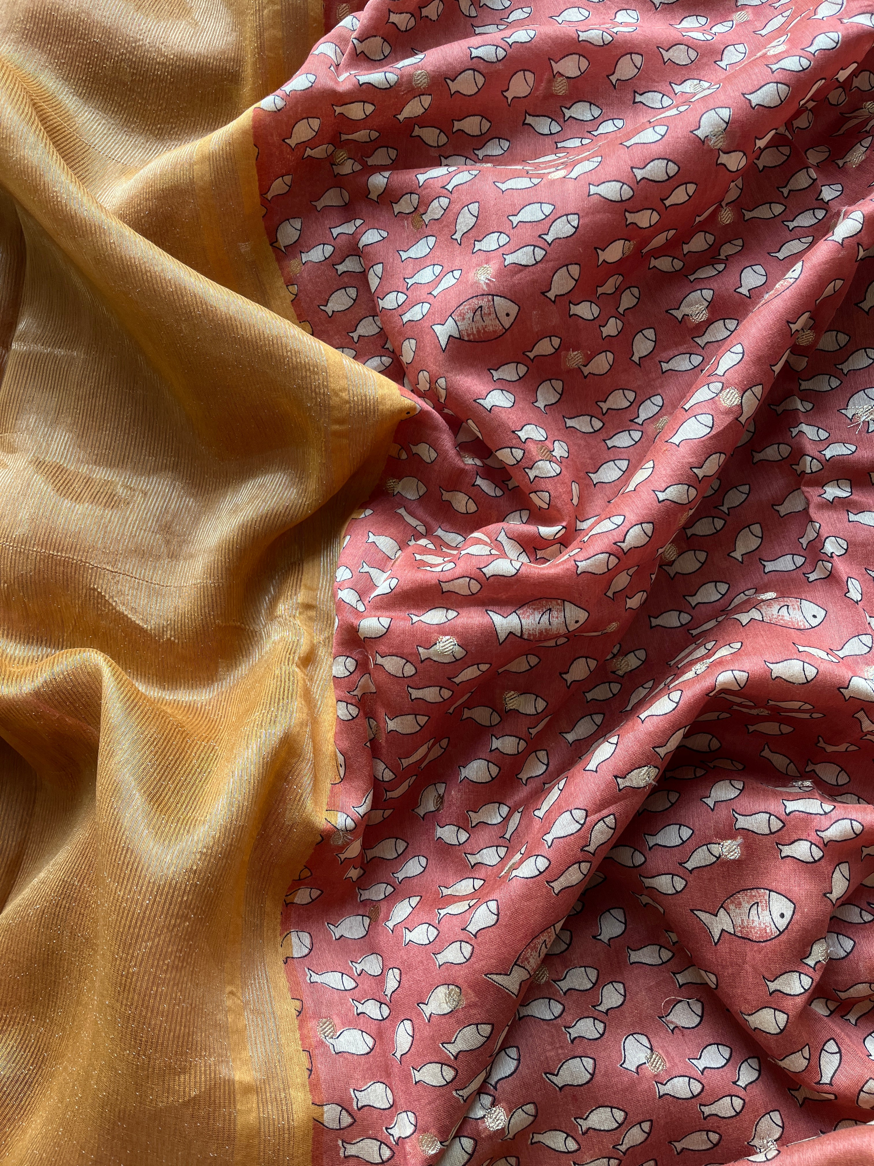 Brown fish printed Chanderi saree