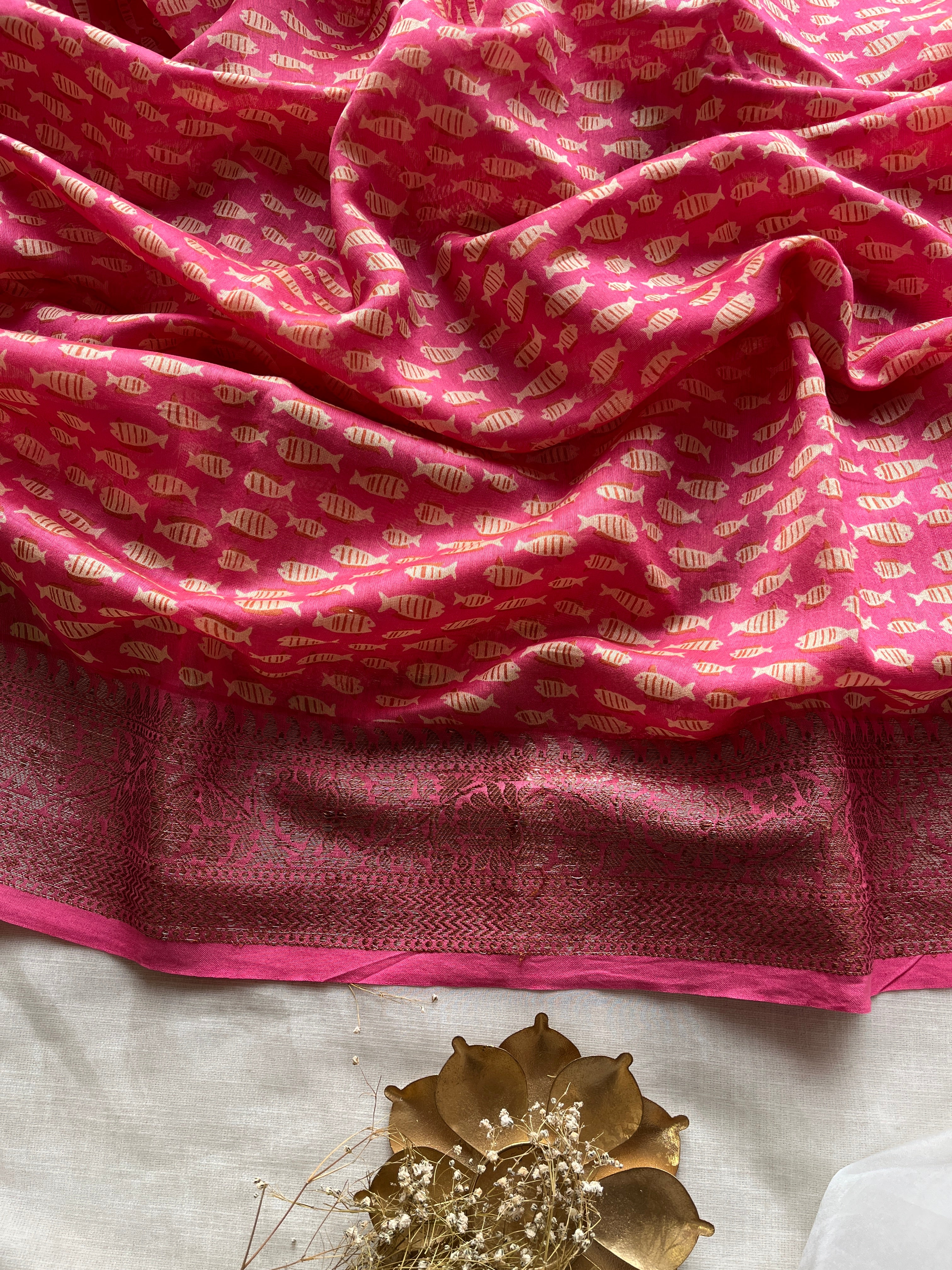 Pink fish printed Chanderi saree