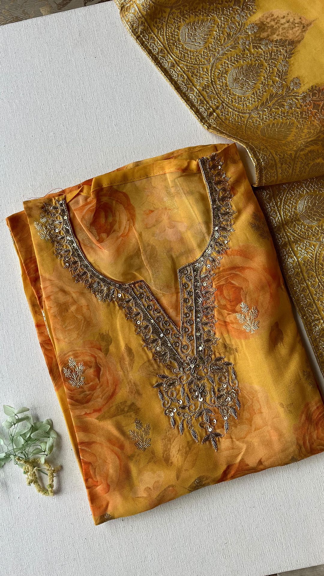 Organza top with detailed embroidered neckline pant - unstitched shantoon material Organza duppata with border - Studio Thari