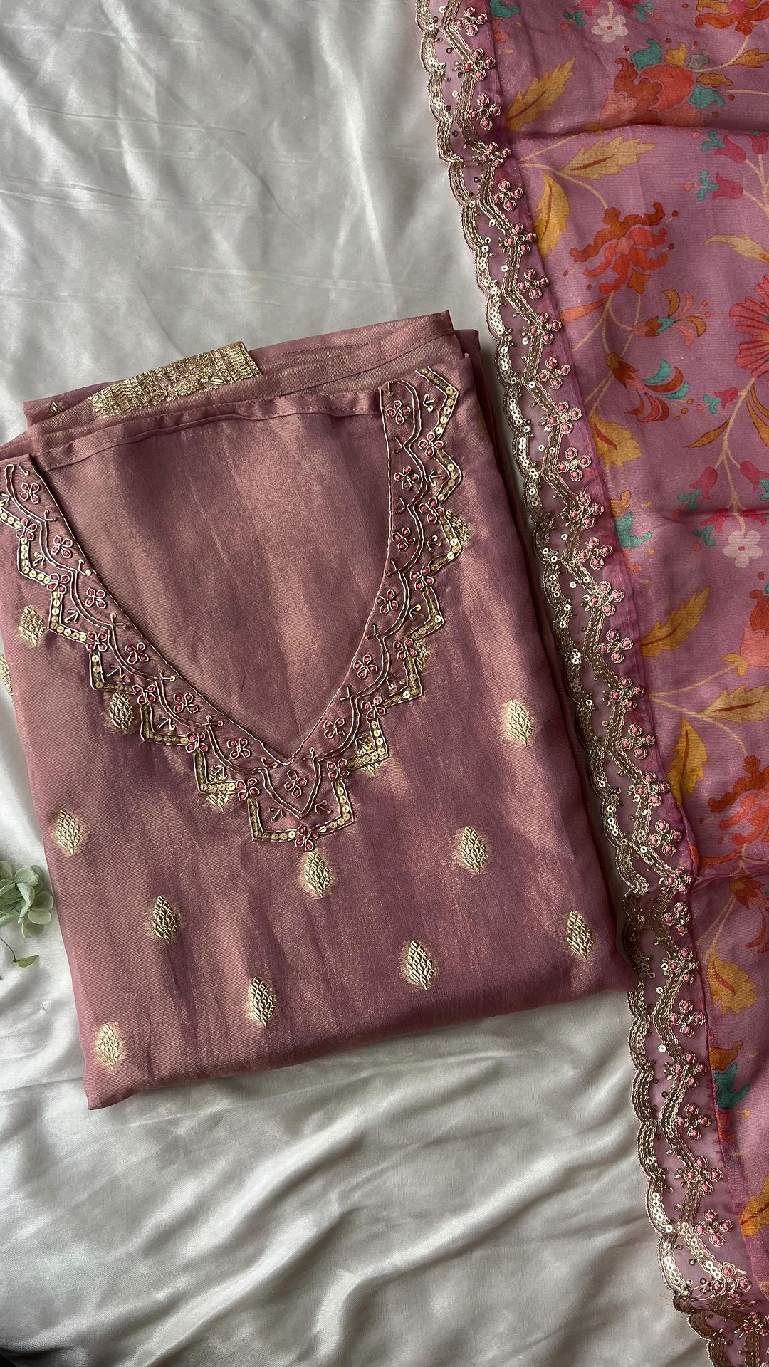 Tissue semi stitched top with detailed embroidered neckline pant - shantoon unstitched fabric Organza duppata with lace border - Studio Thari