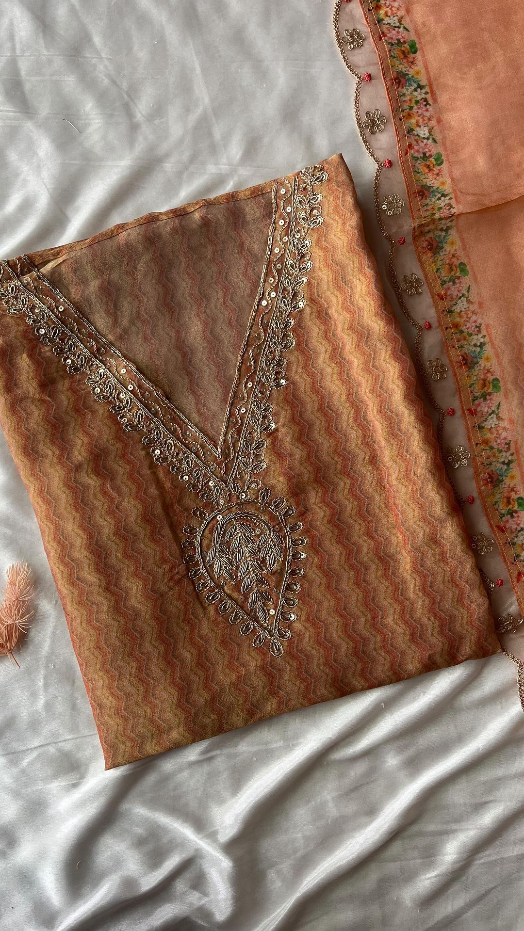 Organza top with embroidered neckline pant - unstitched shantoon material Organza duppata with scalloped lace border - Studio Thari