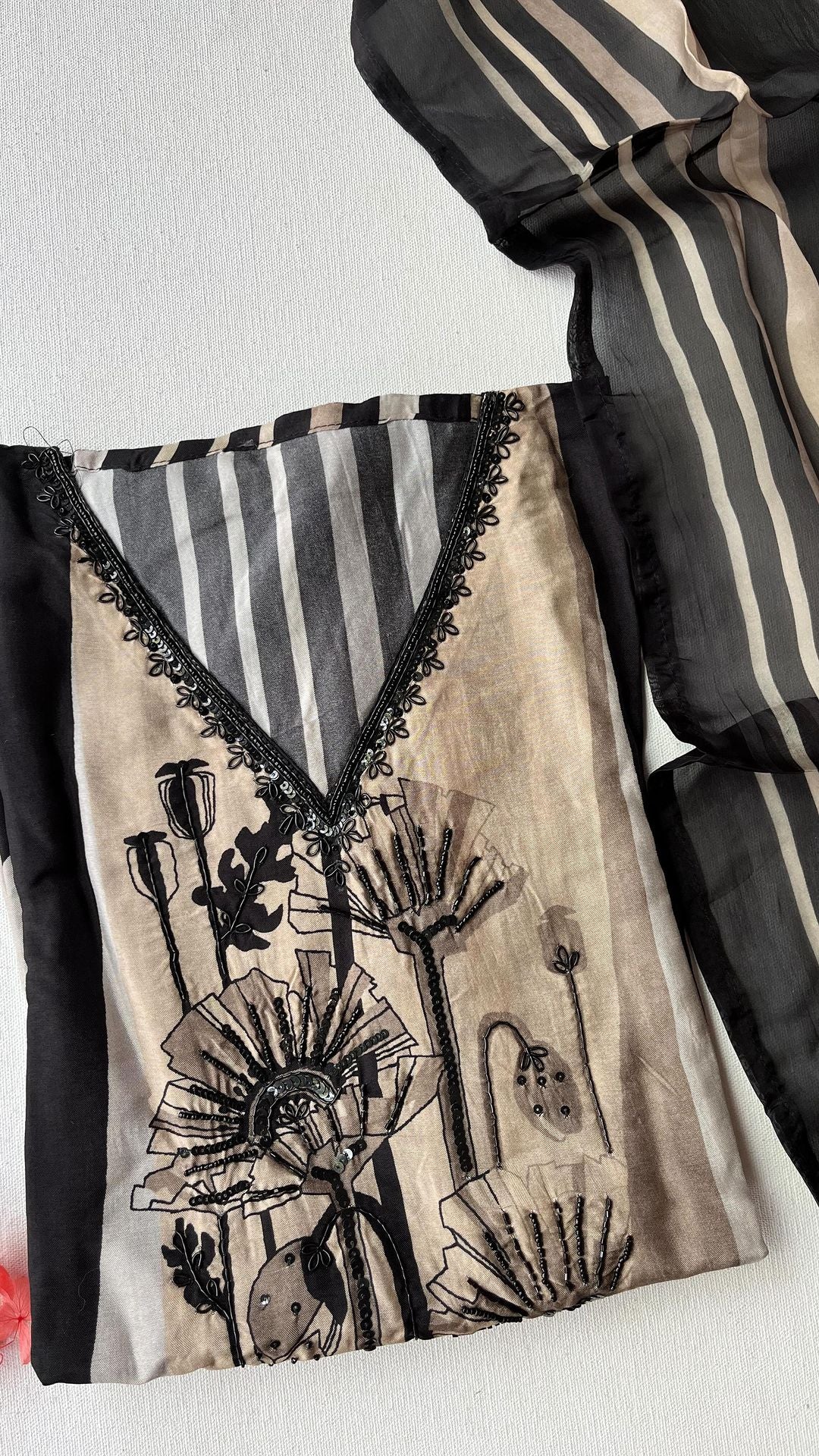 Muslin semi stitched top with detailed embroidered neckline pant - shantoon unstitched fabric Organza dupatta with border - Studio Thari