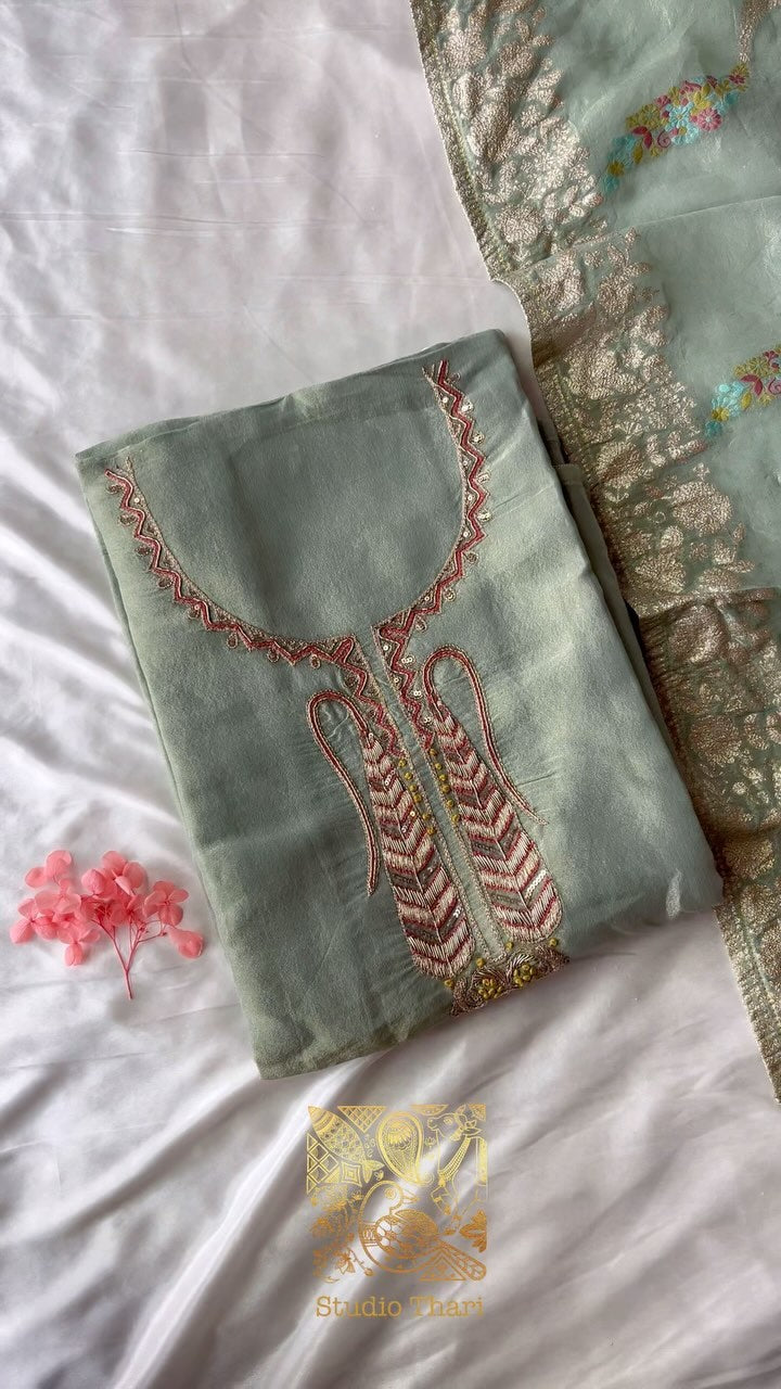 Green Tissue semi stitched top with detailed embroidered neckline pant - shantoon unstitched fabric Tissue duppata with lace border - Studio Thari