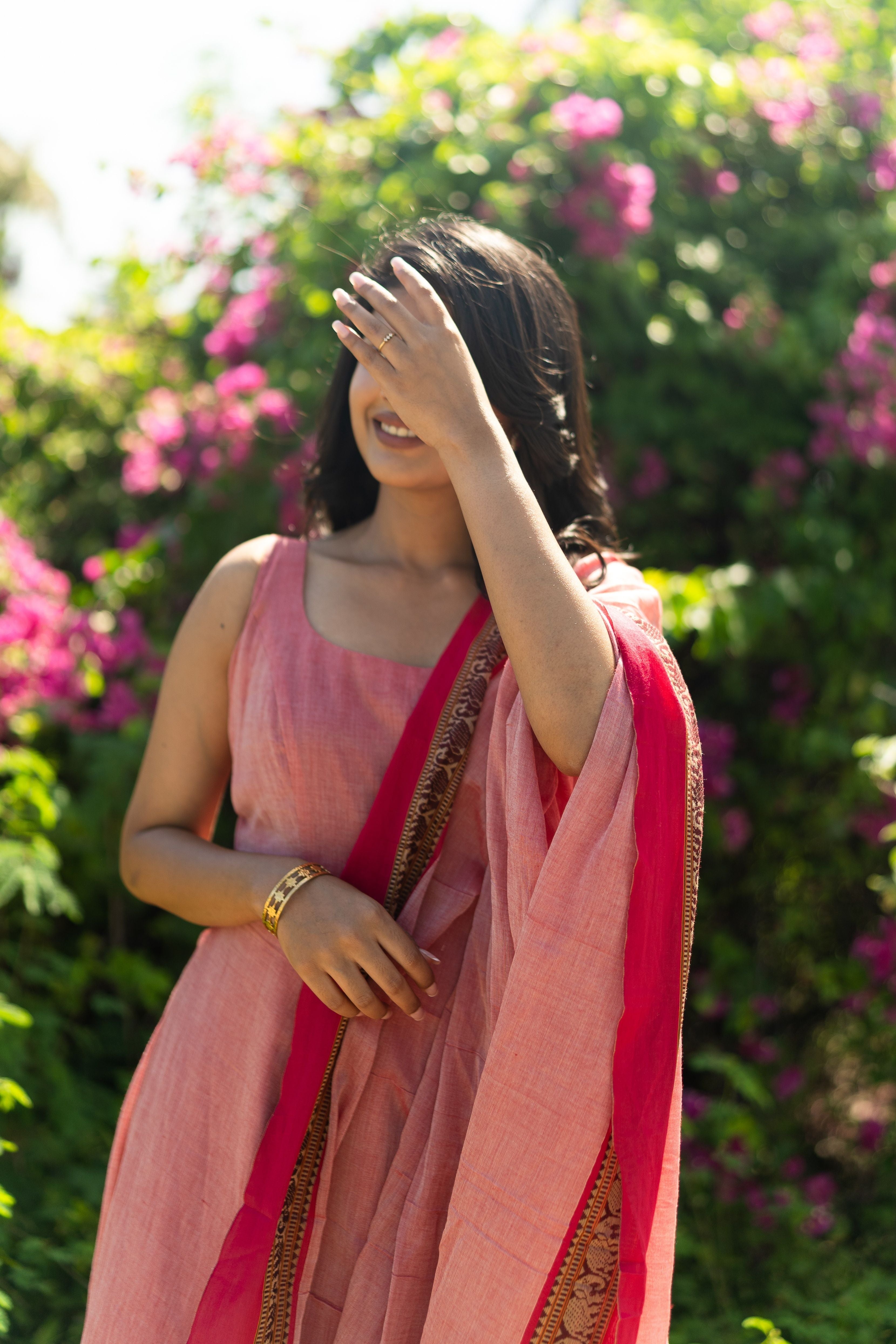 Peach Pink Malar narayanpet Anarkali Top & Dupatta